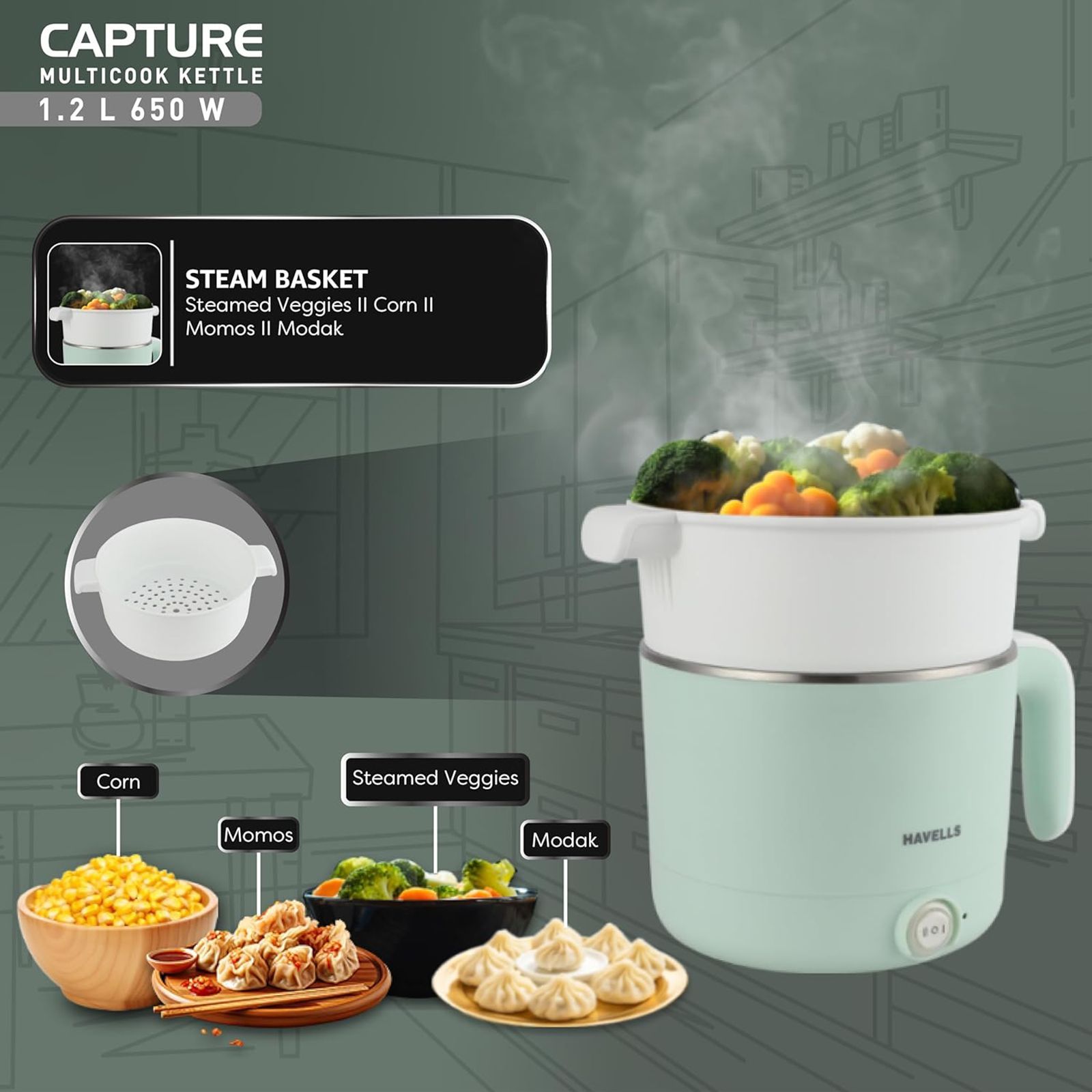 HAVELLS Capture 650 Watt 1.2 Litre Multi Cook Electric Kettle with Auto Shut Off (Light Green)_16