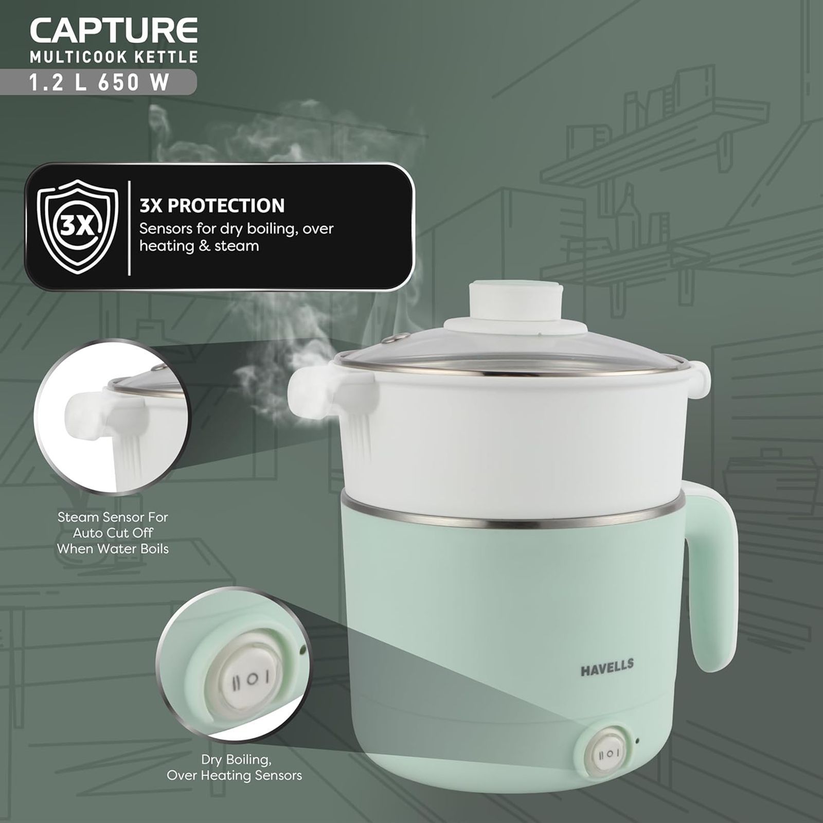 HAVELLS Capture 650 Watt 1.2 Litre Multi Cook Electric Kettle with Auto Shut Off (Light Green)_18