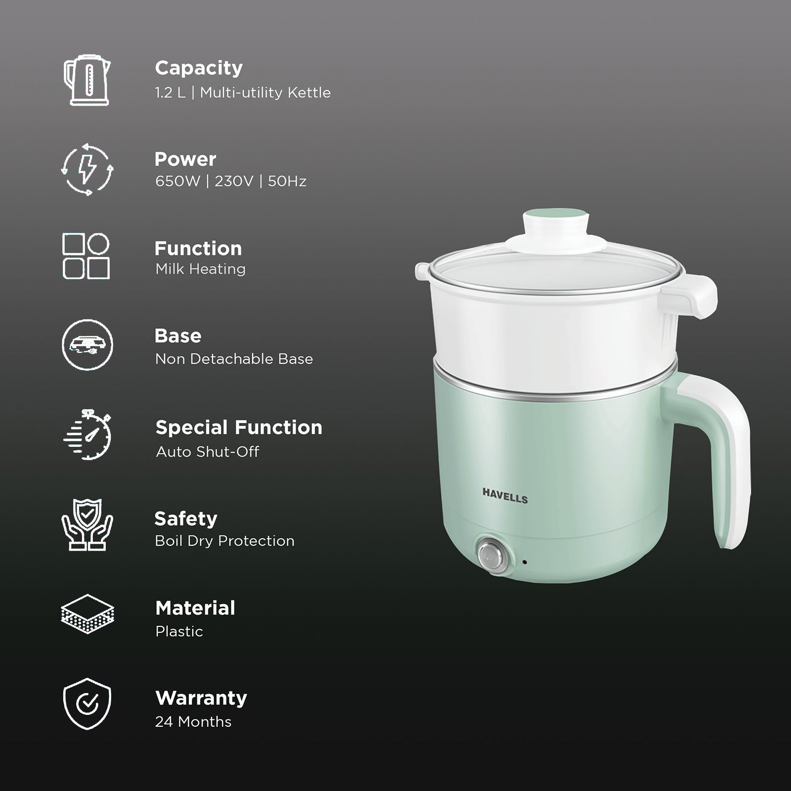 HAVELLS Capture 650 Watt 1.2 Litre Multi Cook Electric Kettle with Auto Shut Off (Light Green)_3