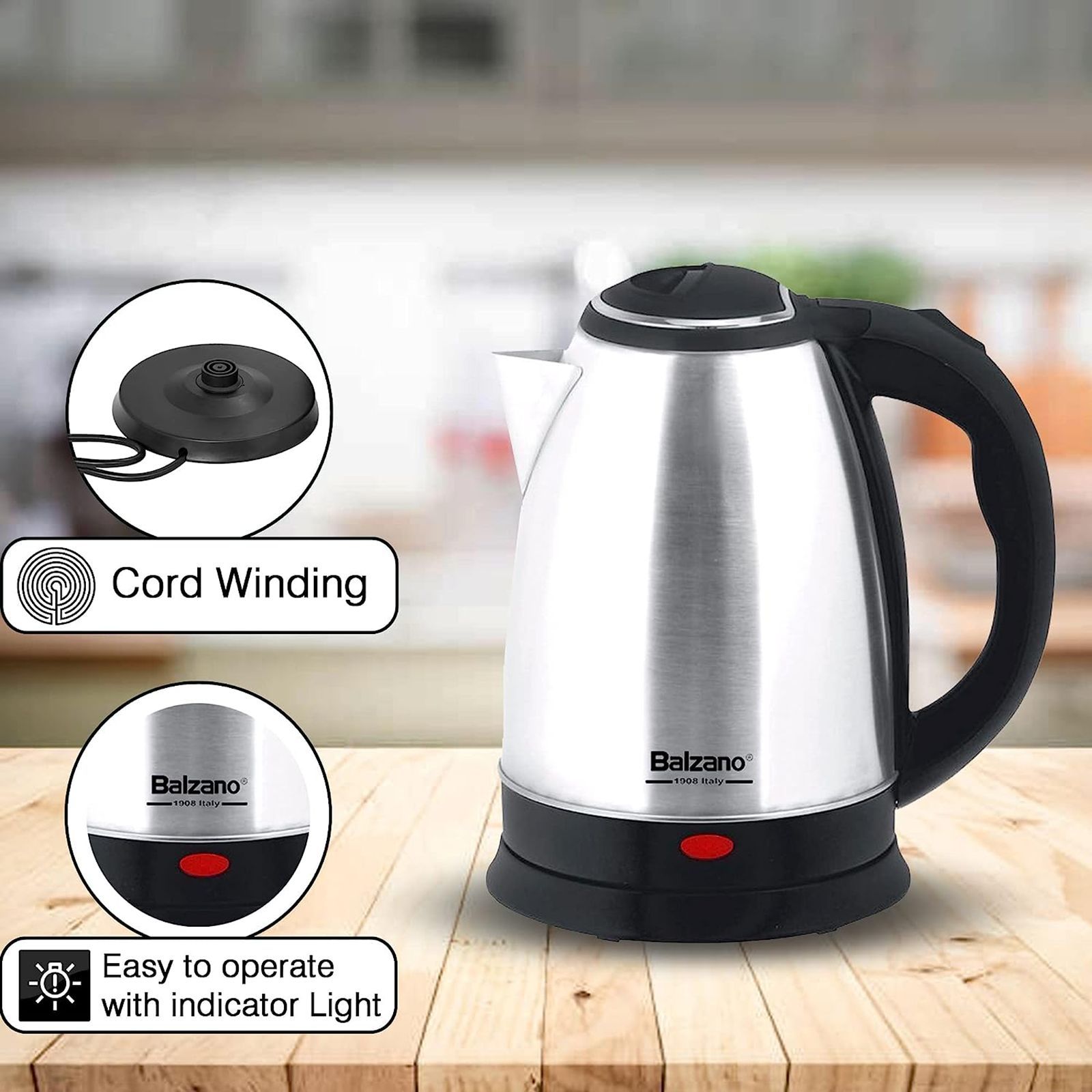 Balzano 1500 Watt 1.8 Litre Electric Kettle with 360 Degree Cordless Base (Silver)_13