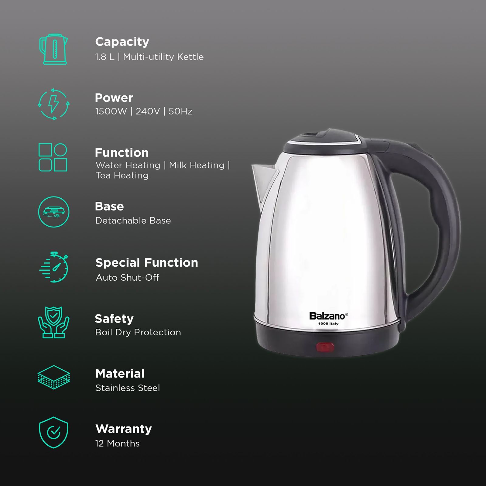 Balzano 1500 Watt 1.8 Litre Electric Kettle with 360 Degree Cordless Base (Silver)_3