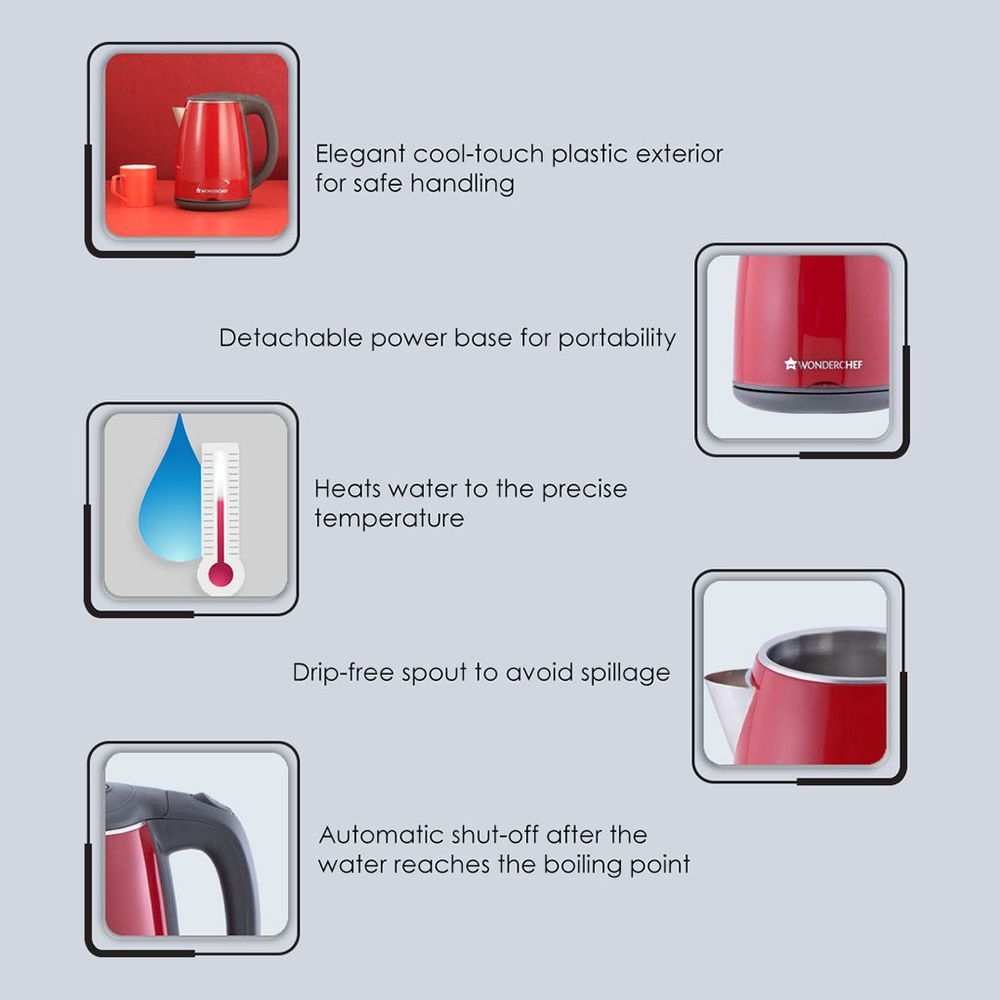 WONDERCHEF Crimson Edge 1500 Watt 1.2 Litre Electric Kettle with Auto Shut Off (Red)_8