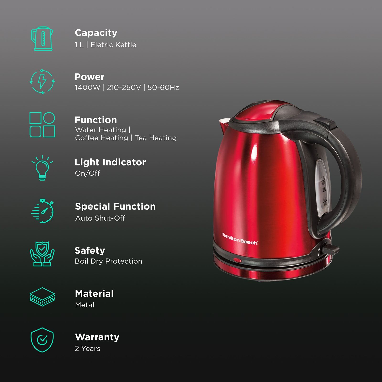 Hamilton Beach 1400 Watt 1 Litre Electric Kettle with Auto Shut Off Function (Red)_2