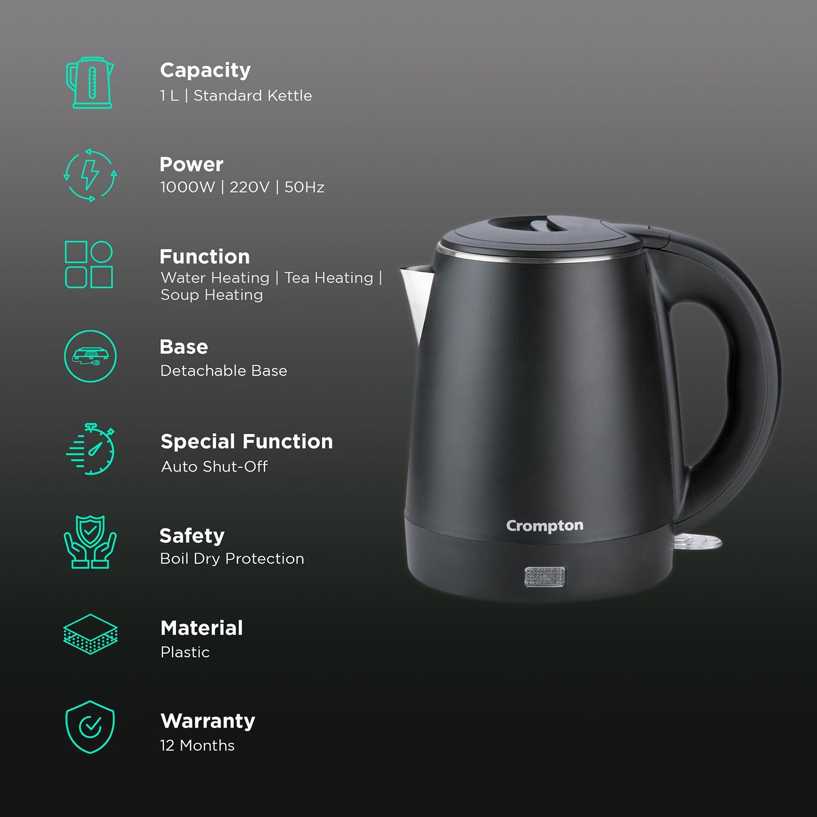 Crompton Activhot 1000 Watt 1 Litre Electric Kettle with Auto Shut Off (Black)_3