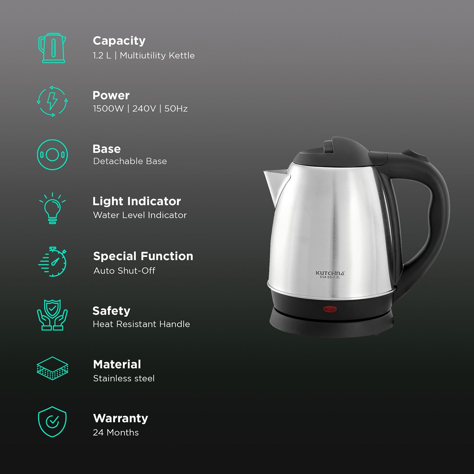 Kutchina EVA SS 1500 Watt 1.2 Litre Electric Kettle with Auto Shut Off Function (Silver)_3