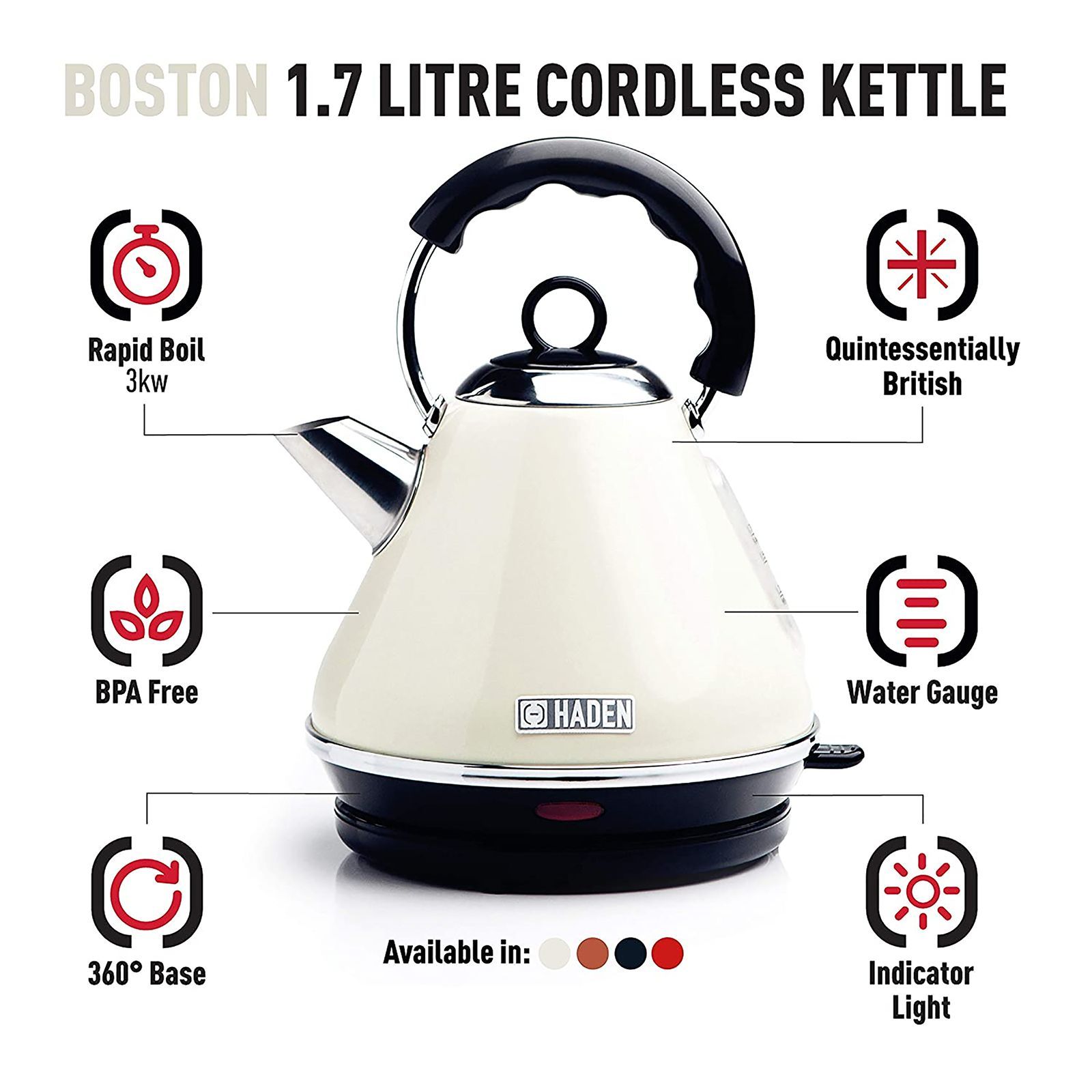HADEN Boston 3000 Watt 1.7 Litre Electric Kettle with 360 Degree Rotation Base (Cream)_6