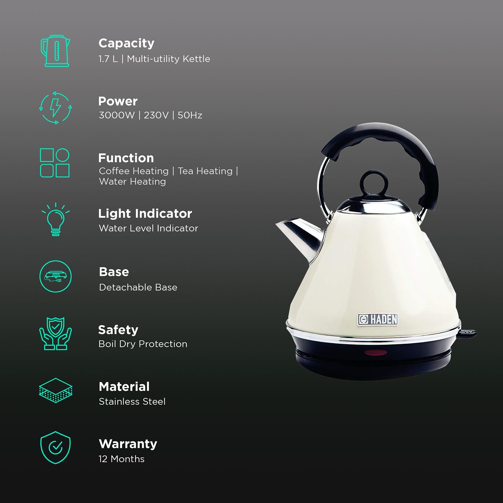HADEN Boston 3000 Watt 1.7 Litre Electric Kettle with 360 Degree Rotation Base (Cream)_3