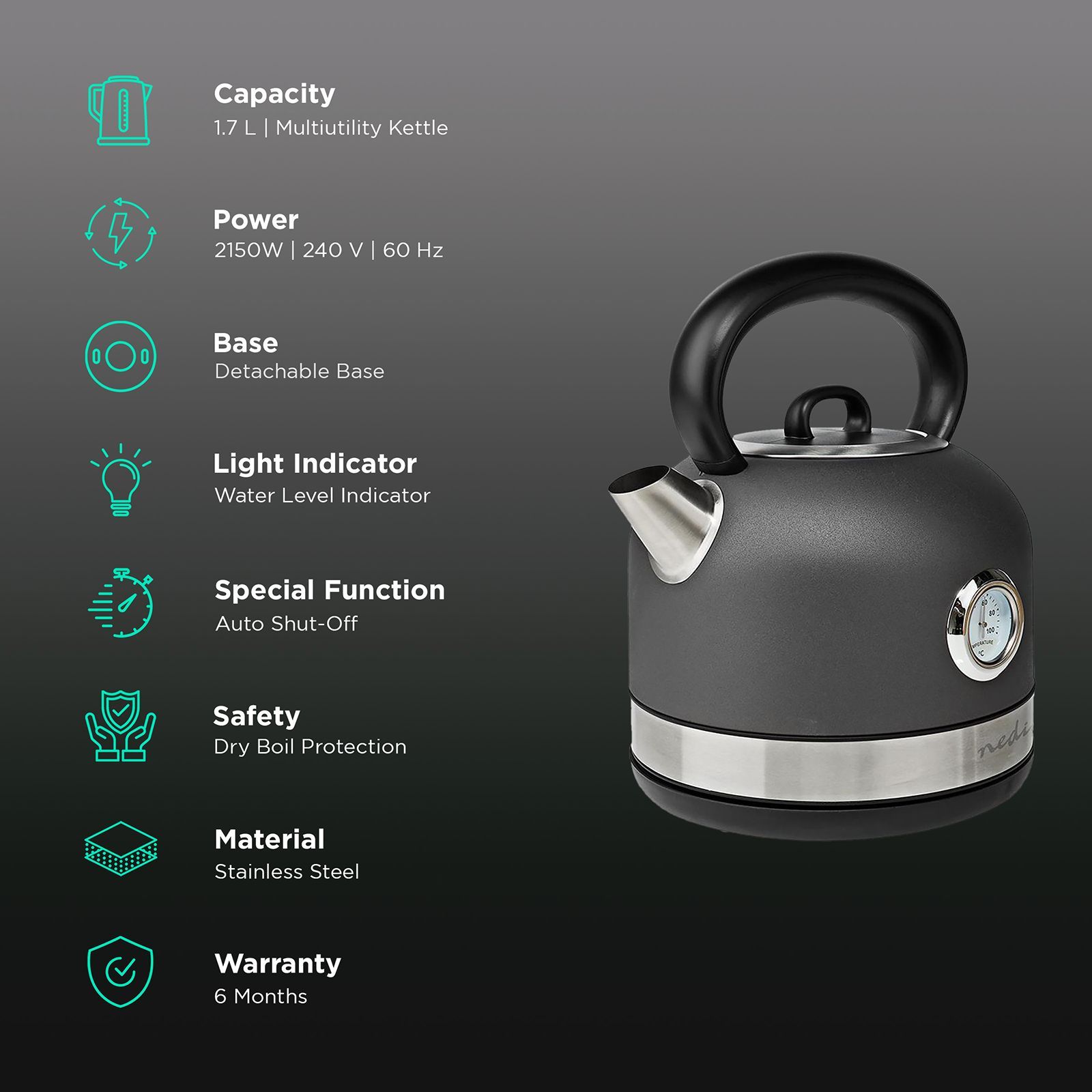 nedis KAWK310EGY 2150 Watt 1.7 Litre Electric Kettle with Water Level Indicator (Grey) nedis KAWK310EGY 2150 Watt 1.7 Litre Electric Kettle with Water Level Indicator (Grey)_2