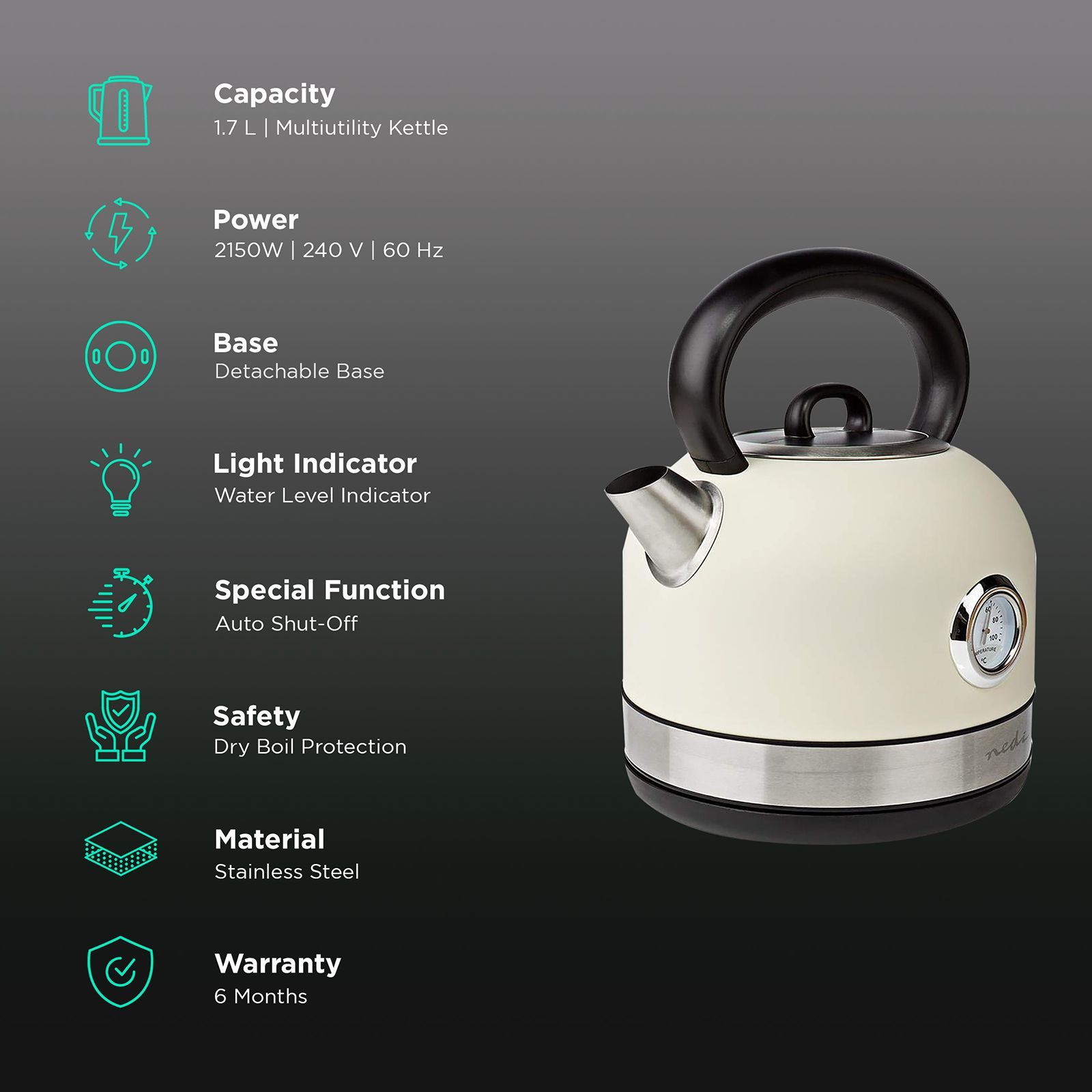 nedis KAWK310EWT 2150 Watt 1.7 Litre Electric Kettle with Water Level Indicator (White)_2