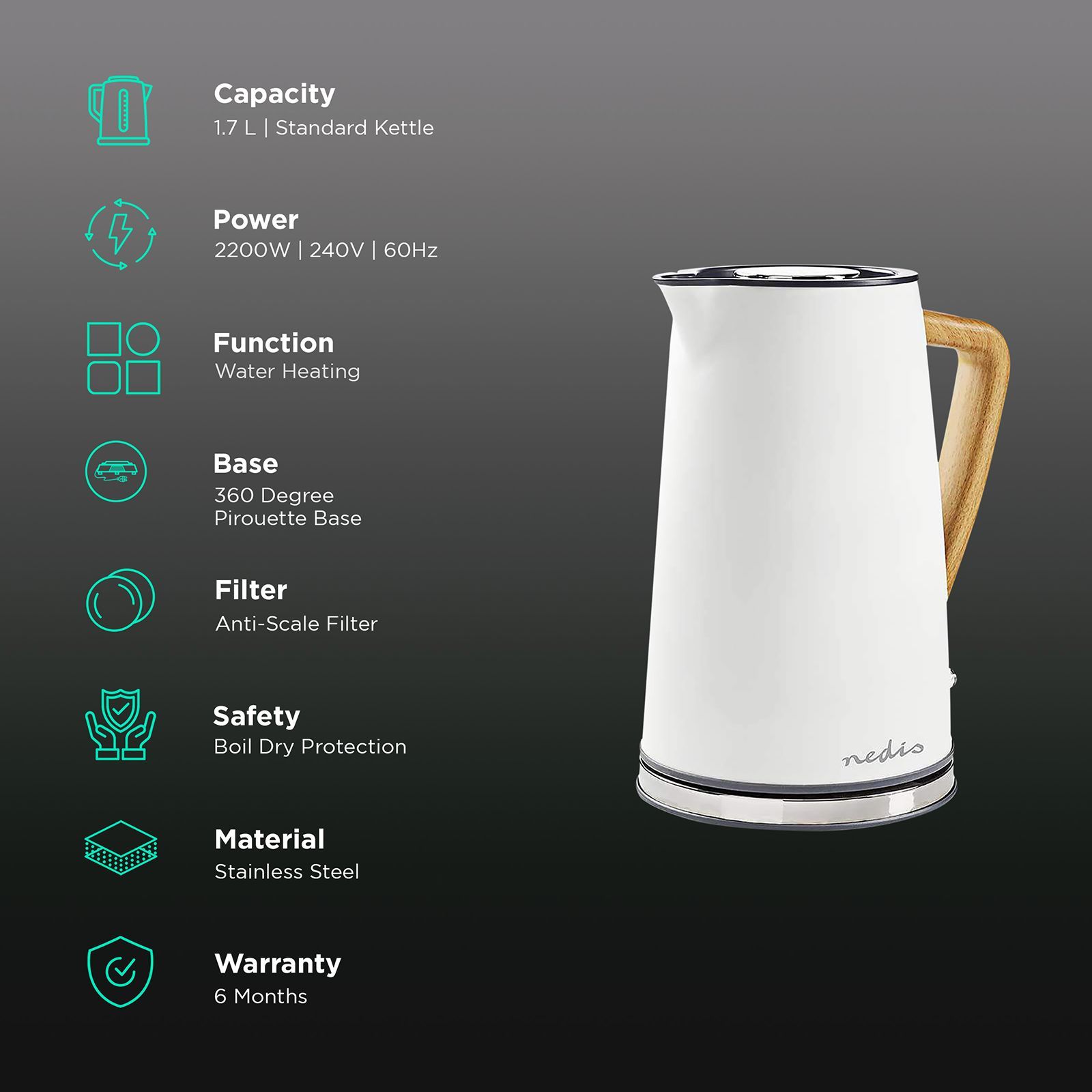 nedis 2200 Watt 1.7 Litre Electric Kettle with Boil Dry Protection (White)_3