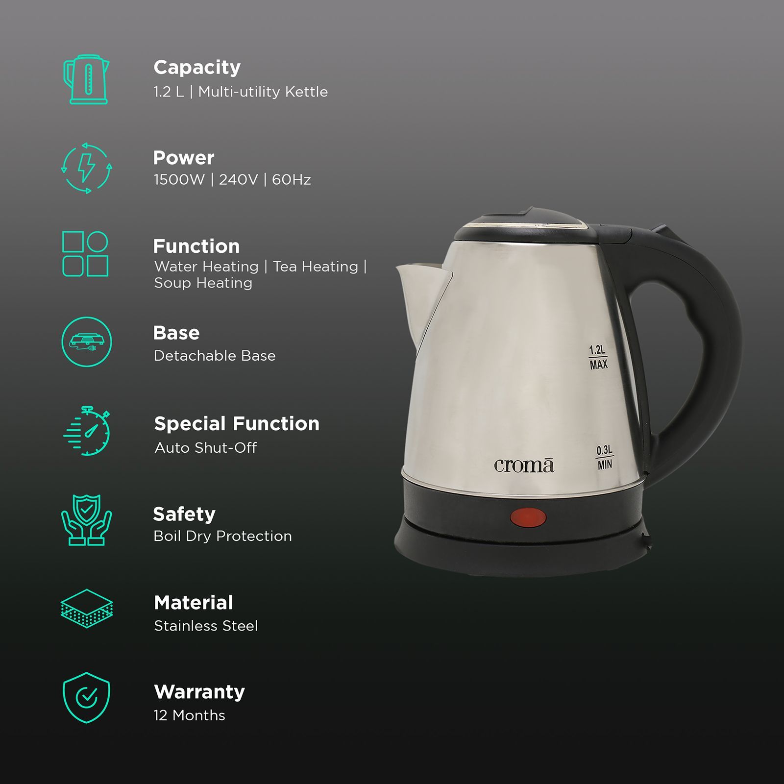 Croma 1500 Watt 1.2 Litre Electric Kettle with Auto Shut Off (Silver)_3