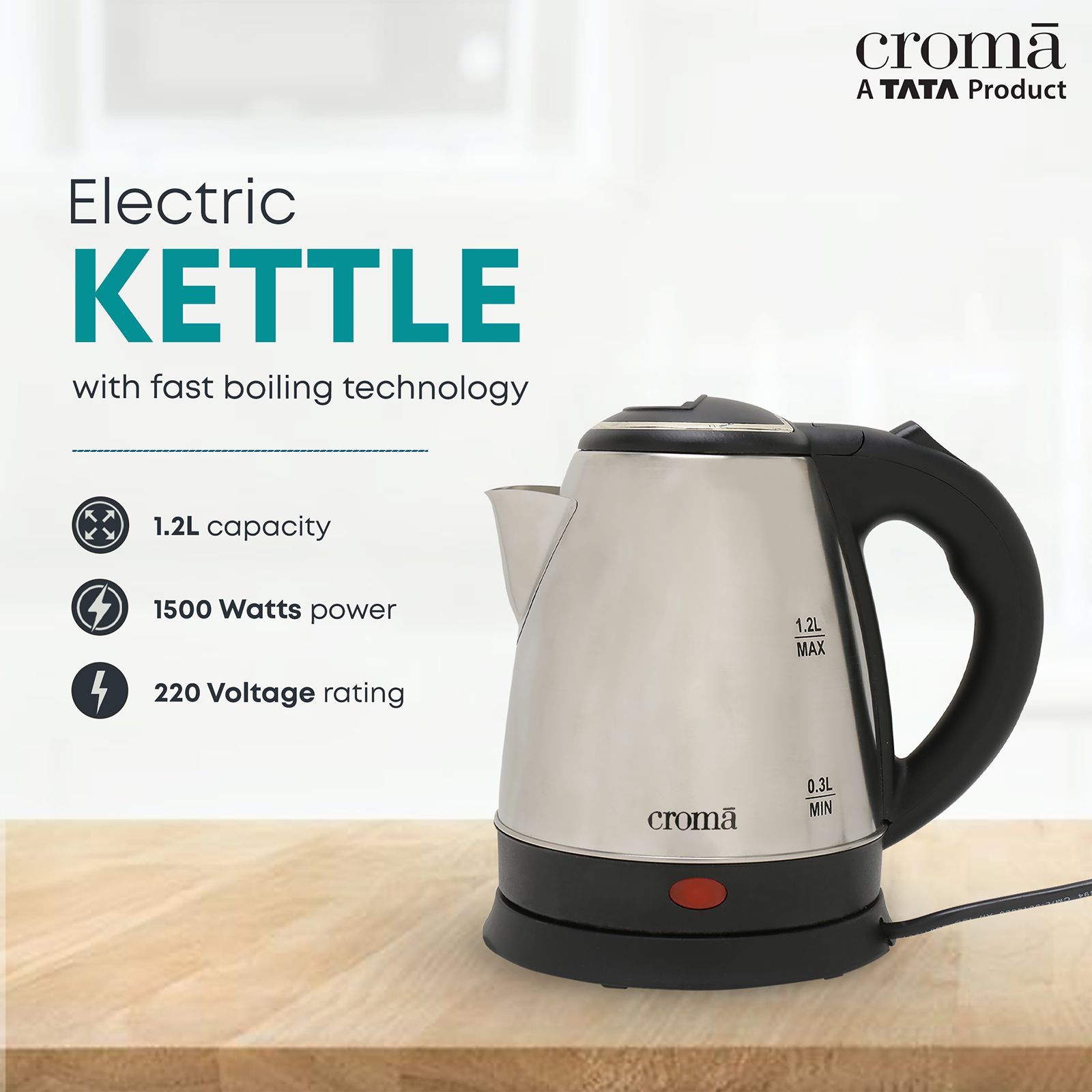 Croma 1500 Watt 1.2 Litre Electric Kettle with Auto Shut Off (Silver)_5