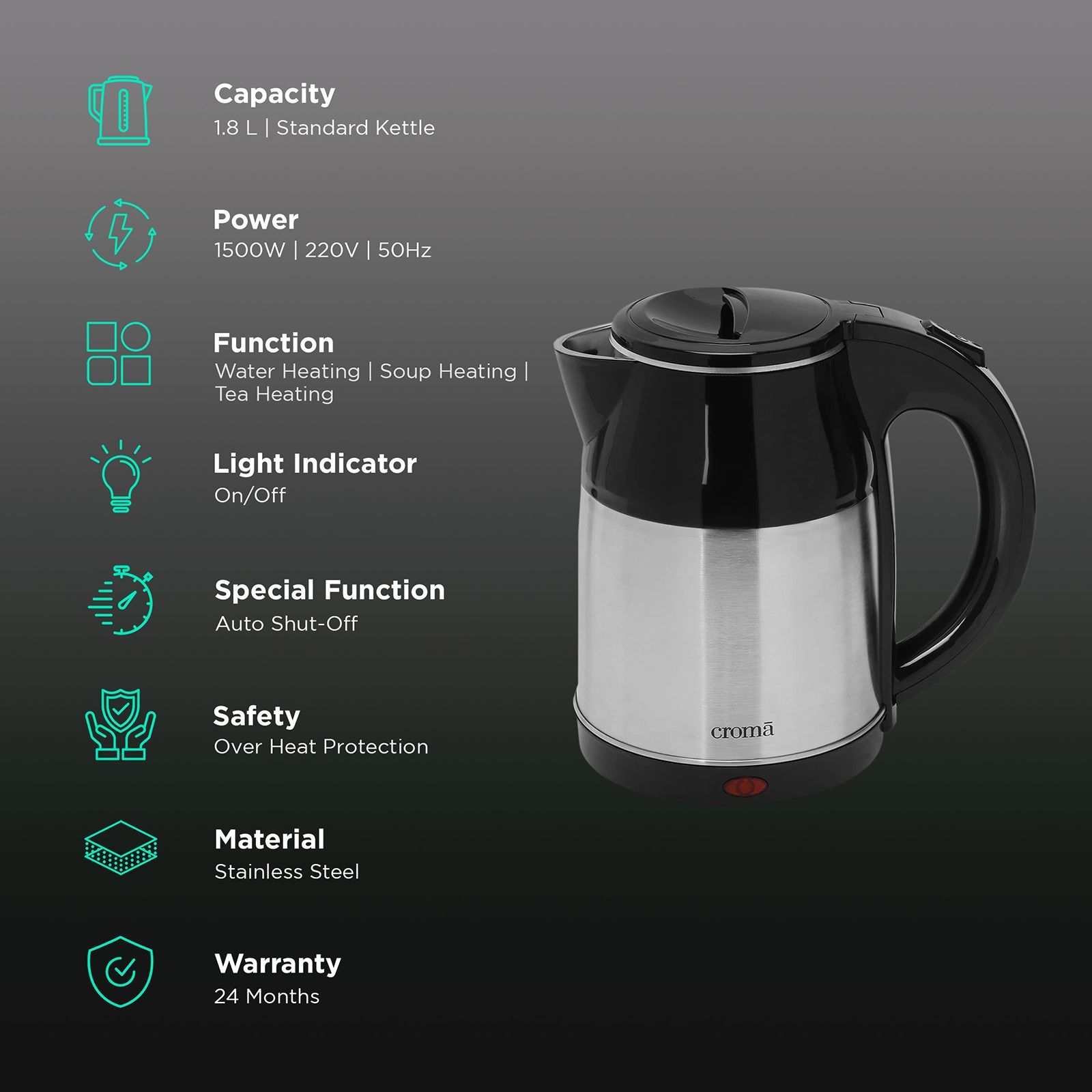 Croma 1500 Watt 1.8 Litre Electric Kettle with Overheat Protection (Silver) Croma 1500 Watt 1.8 Litre Electric Kettle with Overheat Protection (Silver)_3