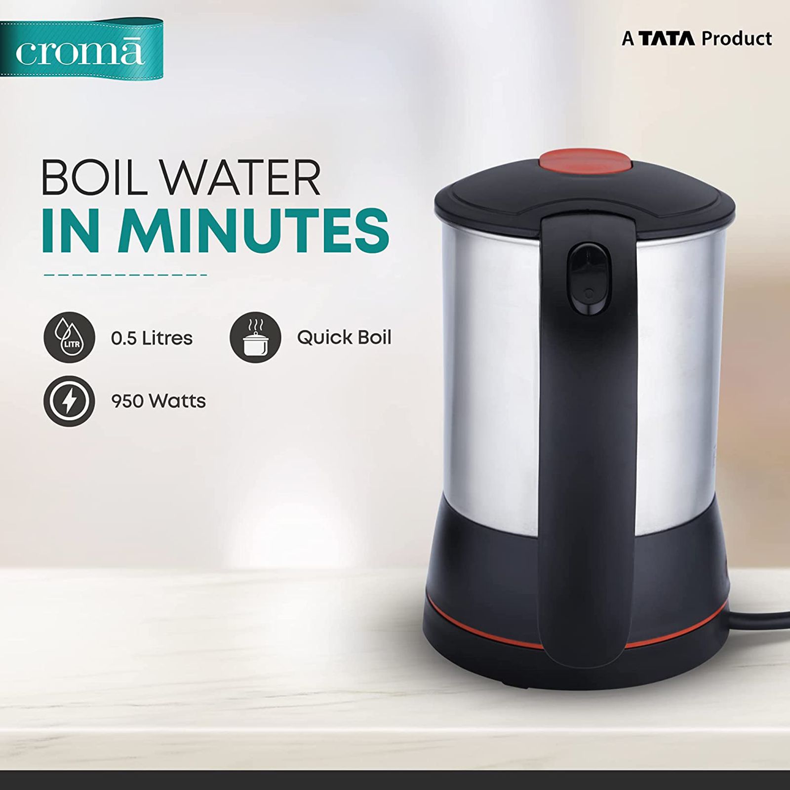 Croma 950 Watt 0.5 Litre Electric Kettle with Auto Shut Off (Black)_8