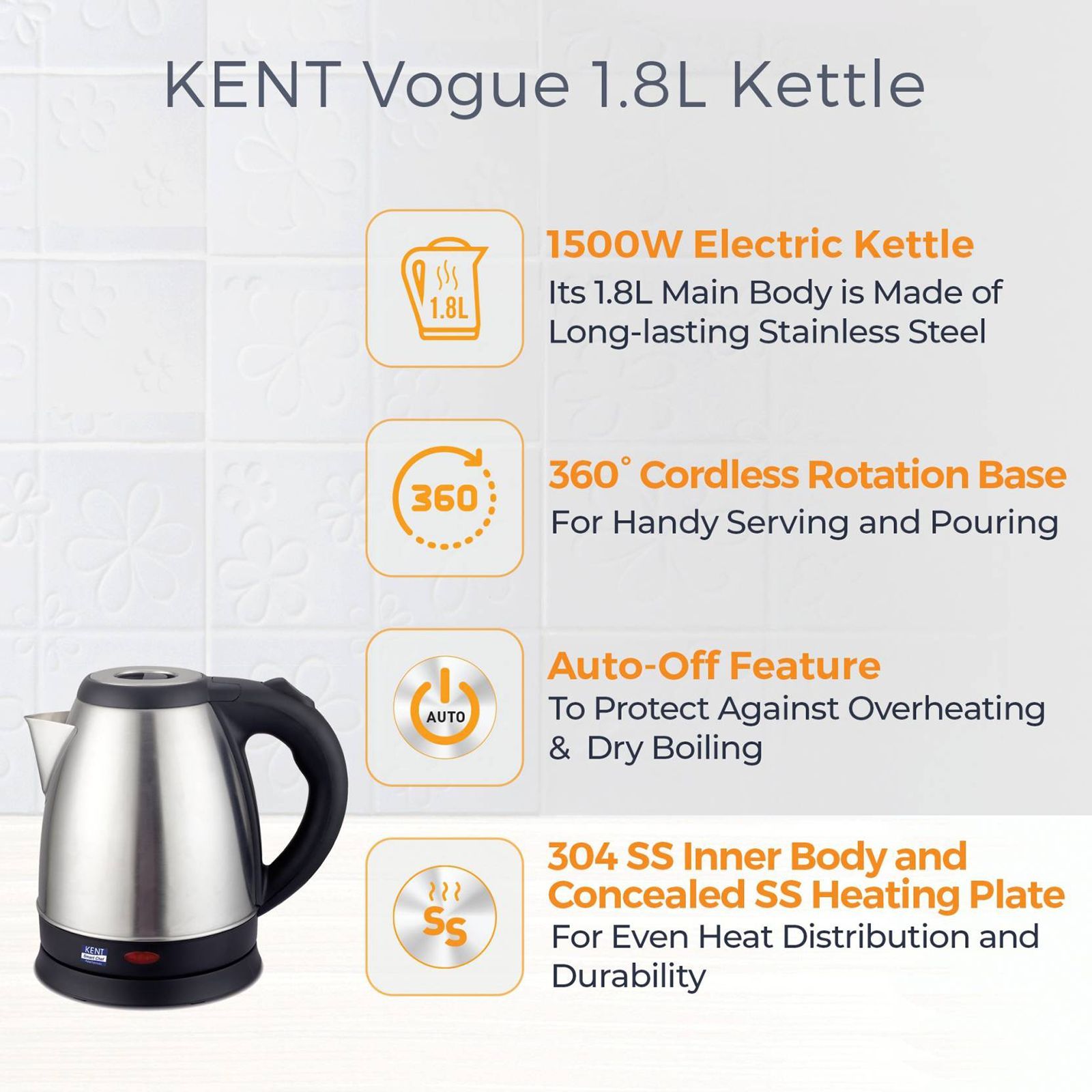 KENT Vogue 1500 Watt 1.8 Litre Electric Kettle with 360 Degree Rotation Base (Silver)_6