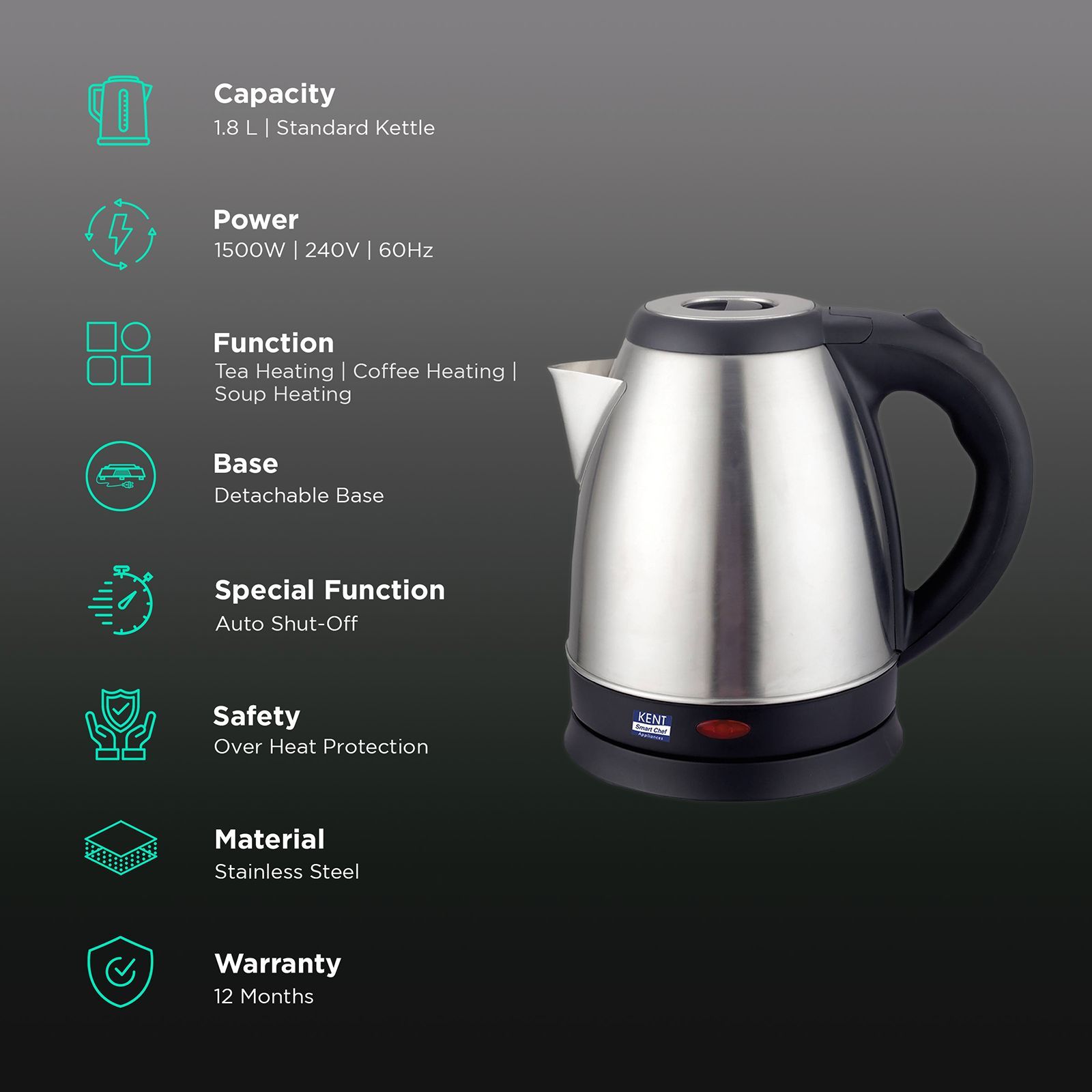 KENT Vogue 1500 Watt 1.8 Litre Electric Kettle with 360 Degree Rotation Base (Silver)_3