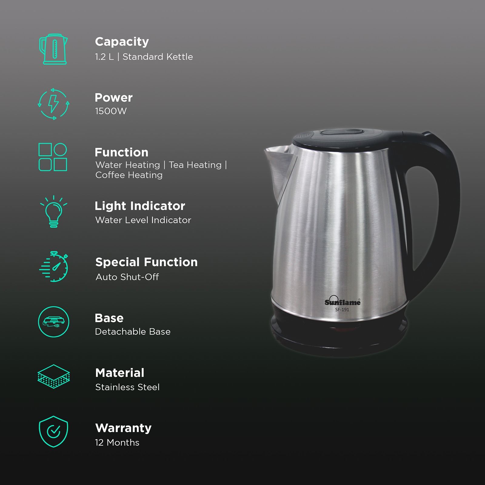 Sunflame 1500 Watt 1.8 Litre Electric Kettle with Boil Dry Protection (White)_3