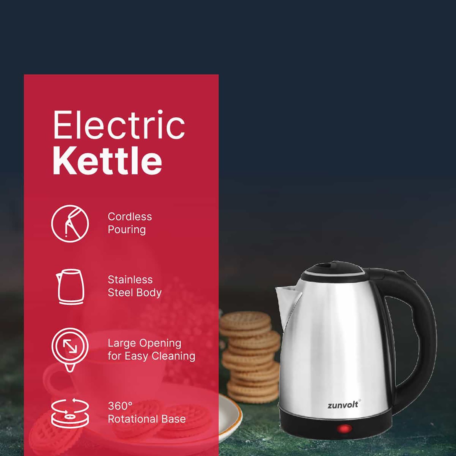zunvolt 1500 Watt 2 Litre Electric Kettle with Cordless Pouring (Silver)_13