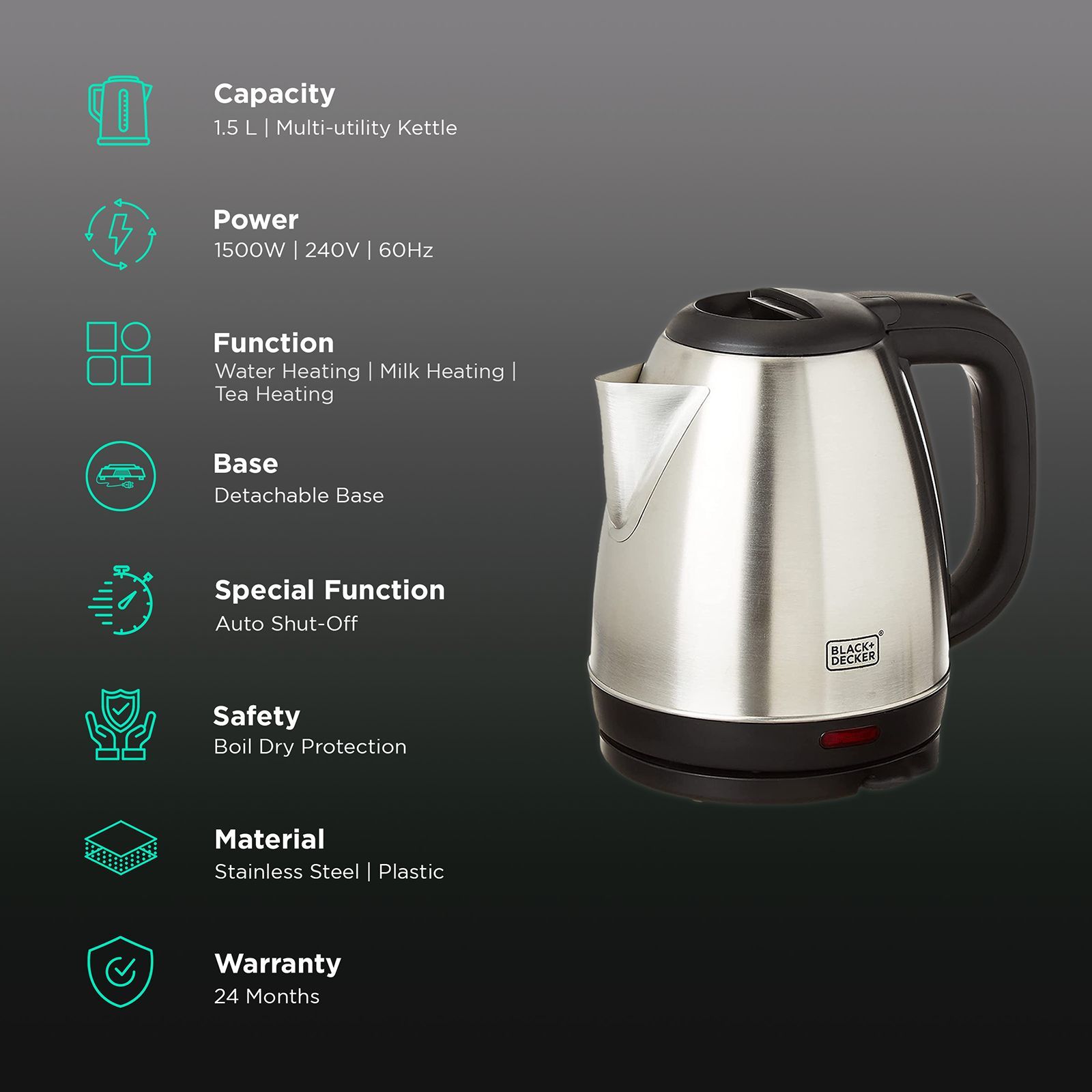 BLACK+DECKER 1500 Watt 1.5 Litre Electric Kettle with Auto Shut Off (Silver)_3