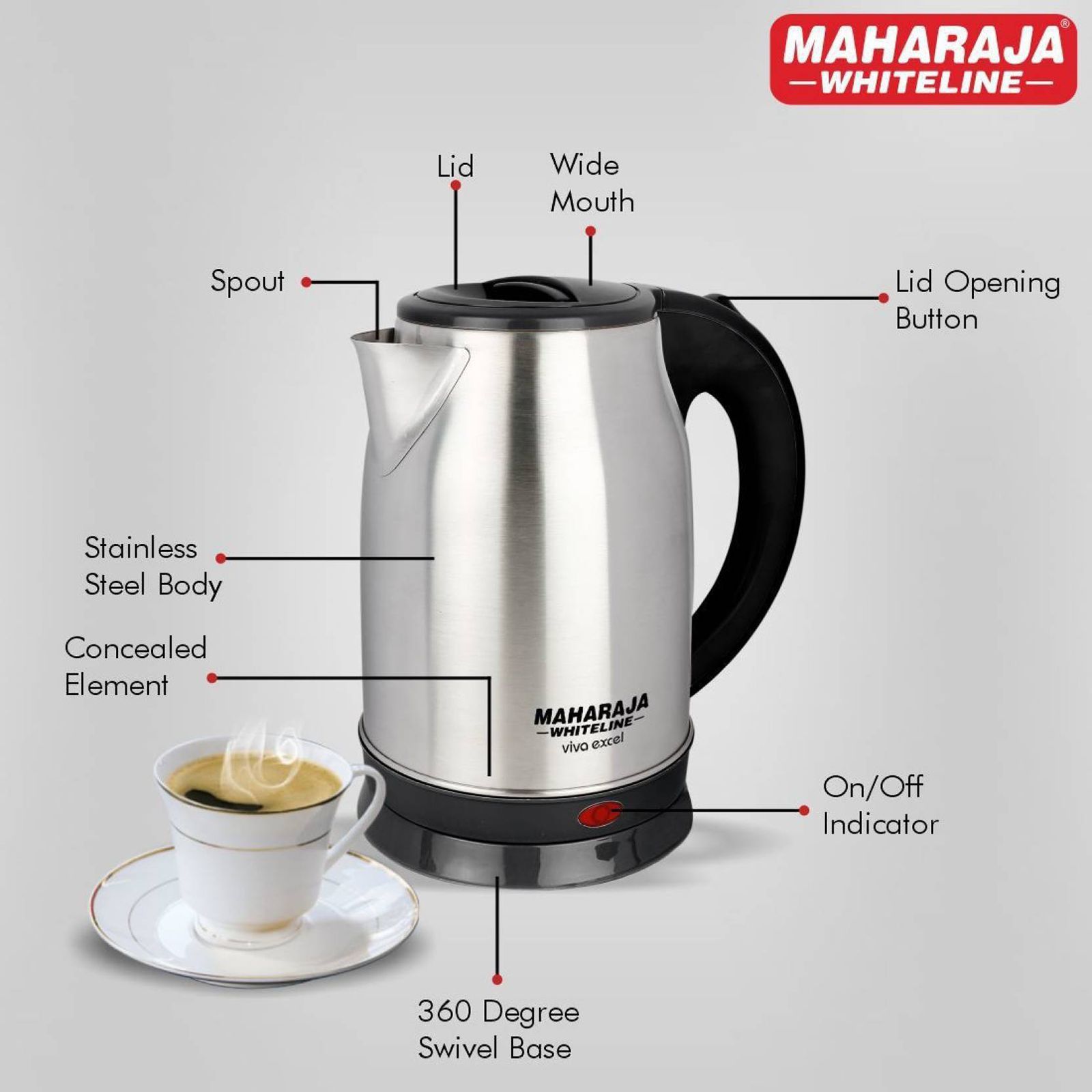 MAHARAJA WHITELINE Viva Excel 1500 Watt 1.8 Litre Electric Kettle with Auto Shut Off (Steel)_12