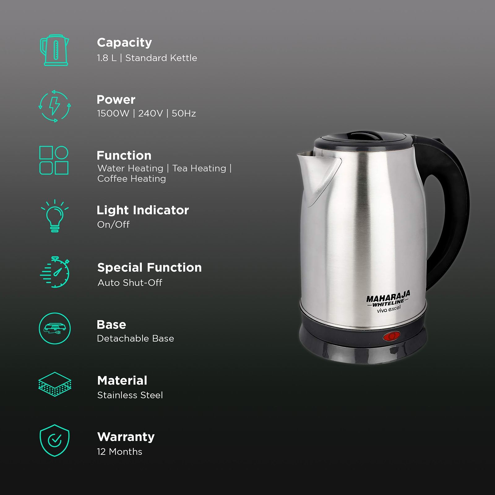 MAHARAJA WHITELINE Viva Excel 1500 Watt 1.8 Litre Electric Kettle with Auto Shut Off (Steel)_3