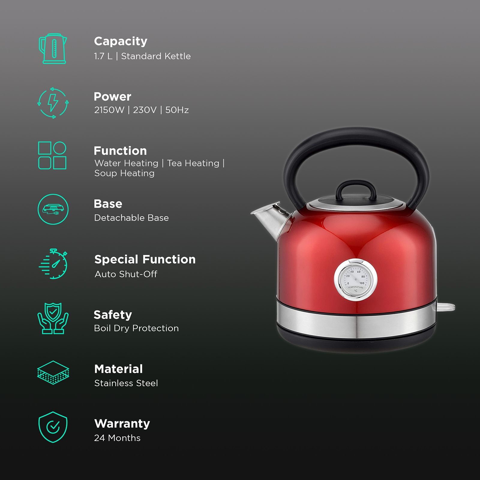 HAFELE Dome 2150 Watt 1.7 Litre Electric Kettle with Auto Shut Off (Red)_3