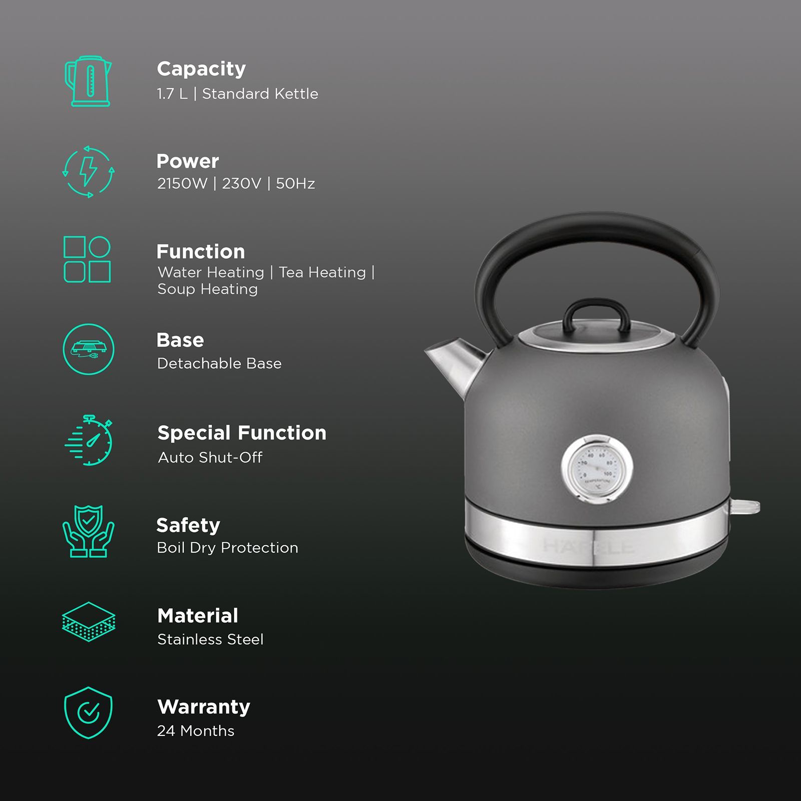 HAFELE Dome 2150 Watt 1.7 Litre Electric Kettle with Auto Shut Off (Grey)_3