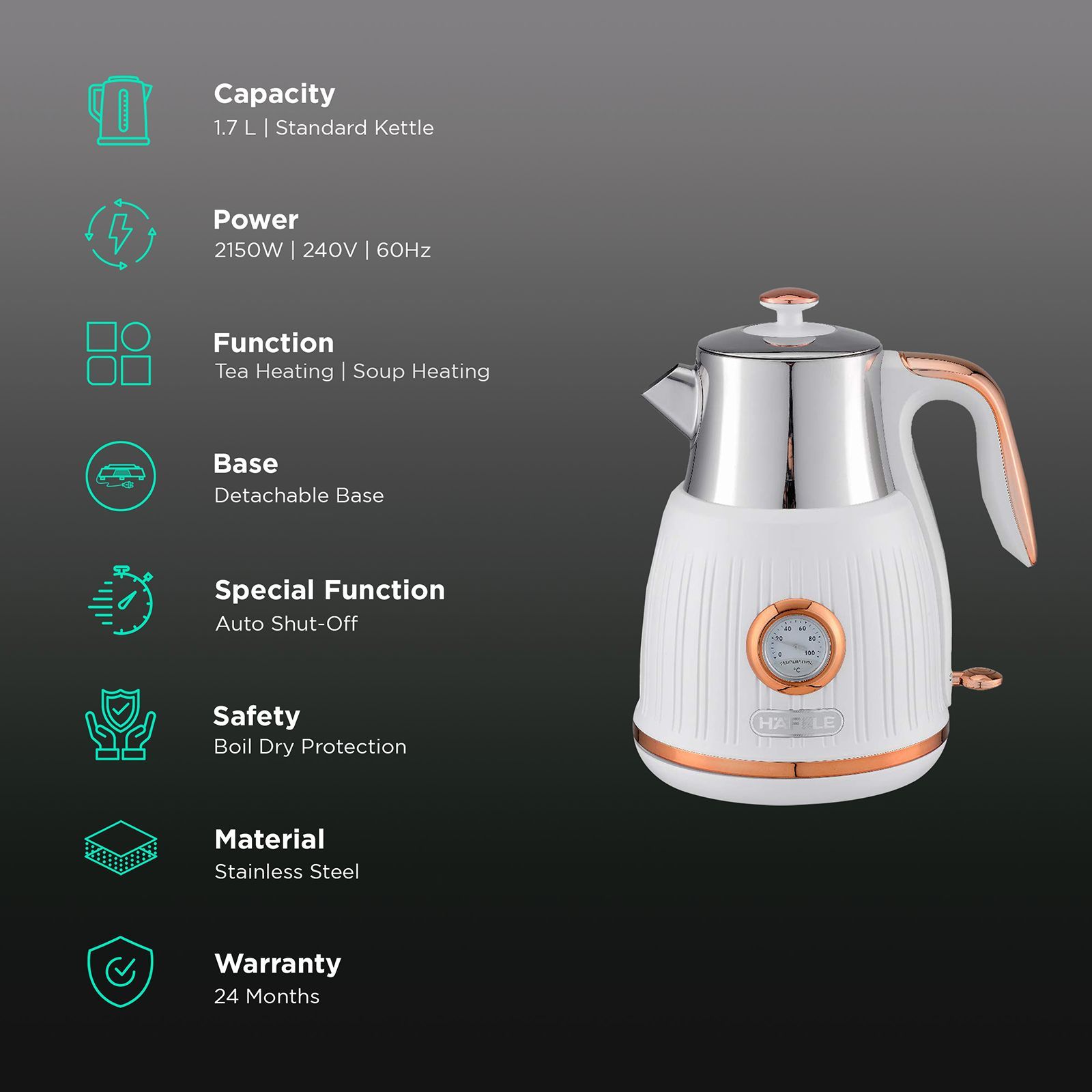 HAFELE Queen 2150 Watt 1.7 Litre Electric Kettle with Auto Shut Off (White)_3
