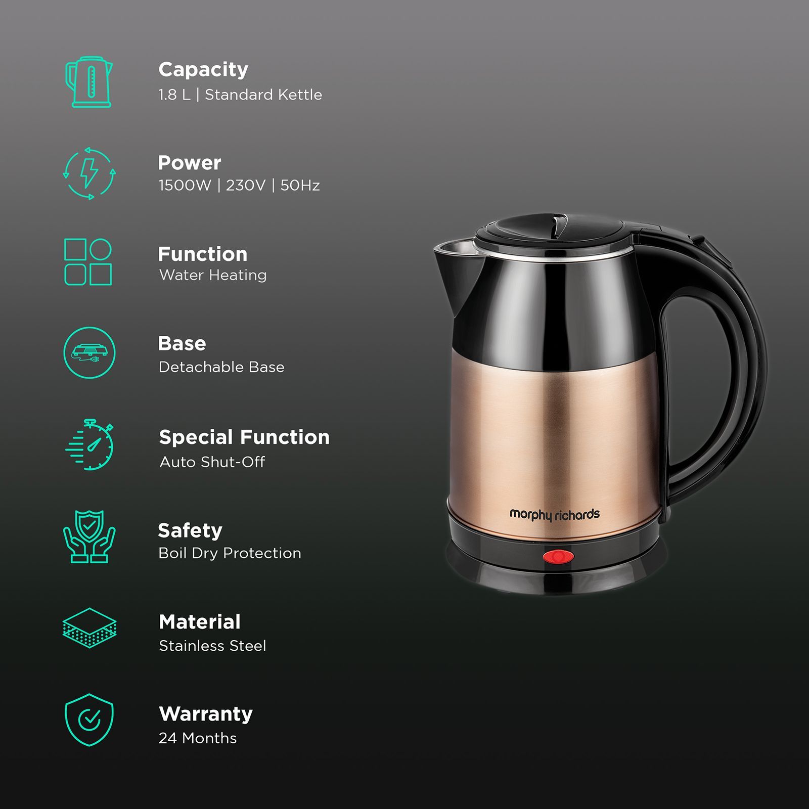 morphy richards Radiant 1500 Watt 1.8 Litre Electric Kettle with Auto Shut Off (Copper/Black)_3