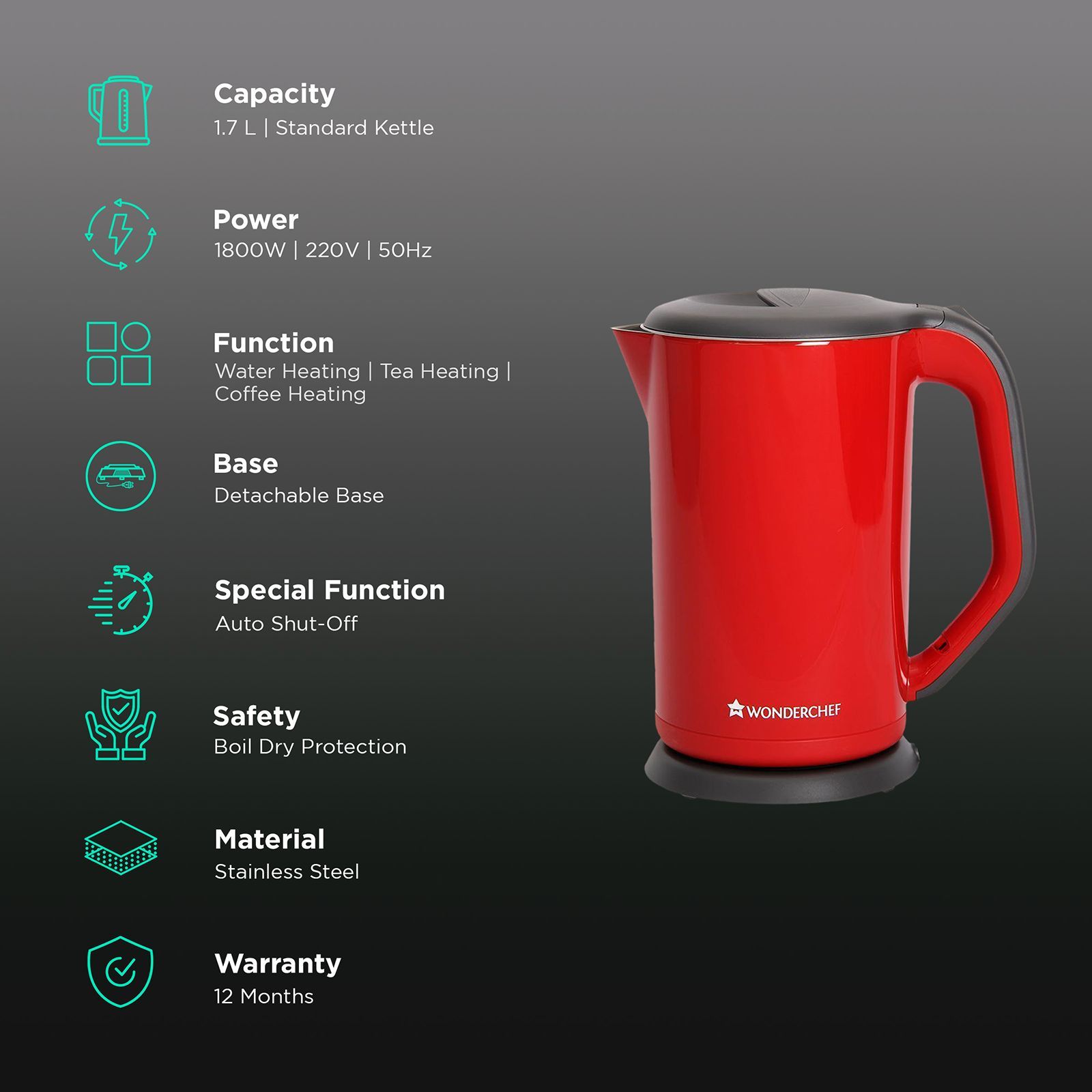 WONDERCHEF Crimson Edge 1800 Watt 1.7 Litre Electric Kettle with Reliable thermostat (Red)_3