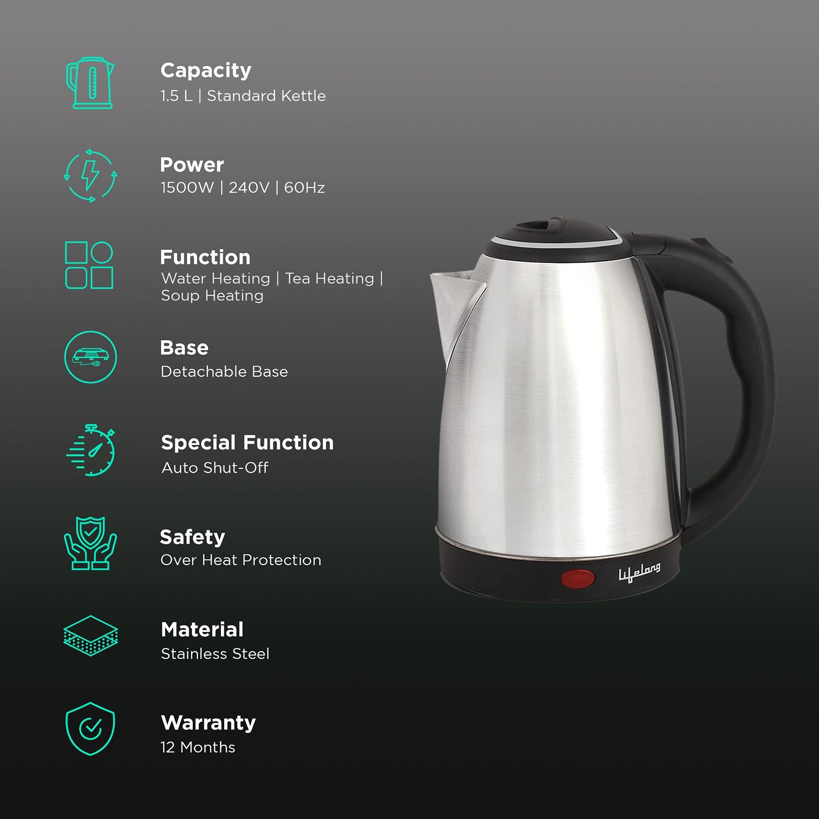 Lifelong LLEK15 1500 Watt 1.5 Litre Electric Kettle with 360 Degree Rotation Base (Silver) Lifelong LLEK15 1500 Watt 1.5 Litre Electric Kettle with 360 Degree Rotation Base (Silver)_3