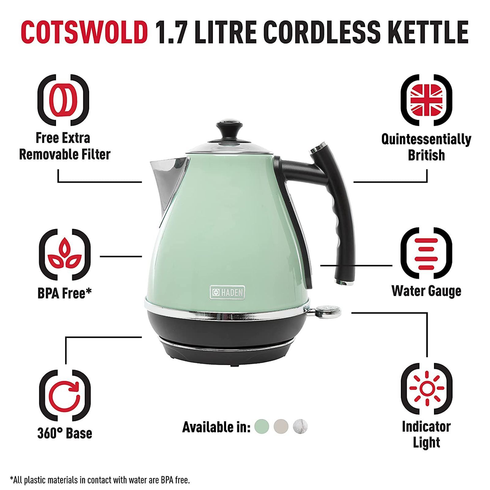 HADEN Cotswold 3000 Watt 1.7 Litre Electric Kettle with Auto Shut Off (Sage Green)_17
