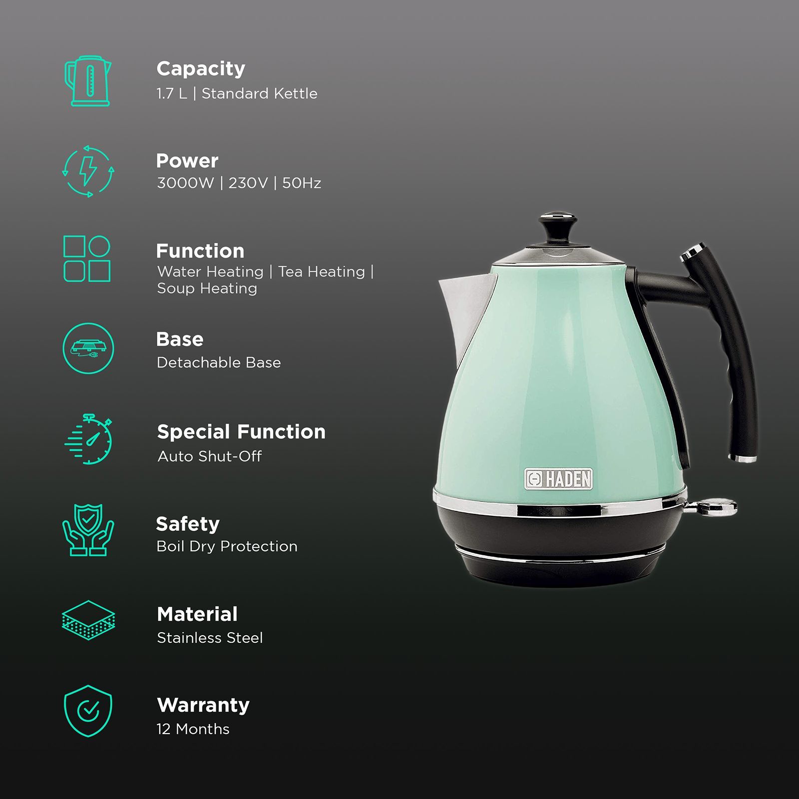 HADEN Cotswold 3000 Watt 1.7 Litre Electric Kettle with Auto Shut Off (Sage Green)_3