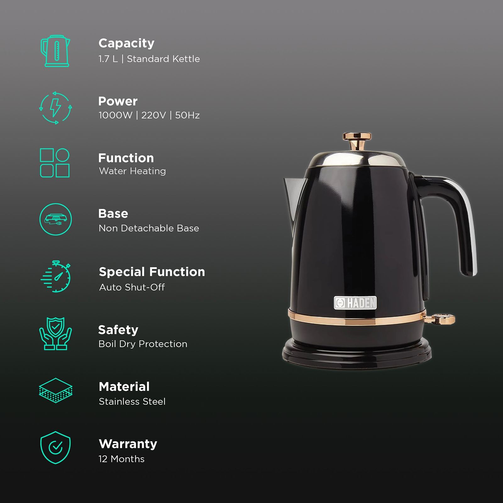 HADEN Salcombe 1000 Watt 1.7 Litre Electric Kettle with Auto Shut Off (Black)_3