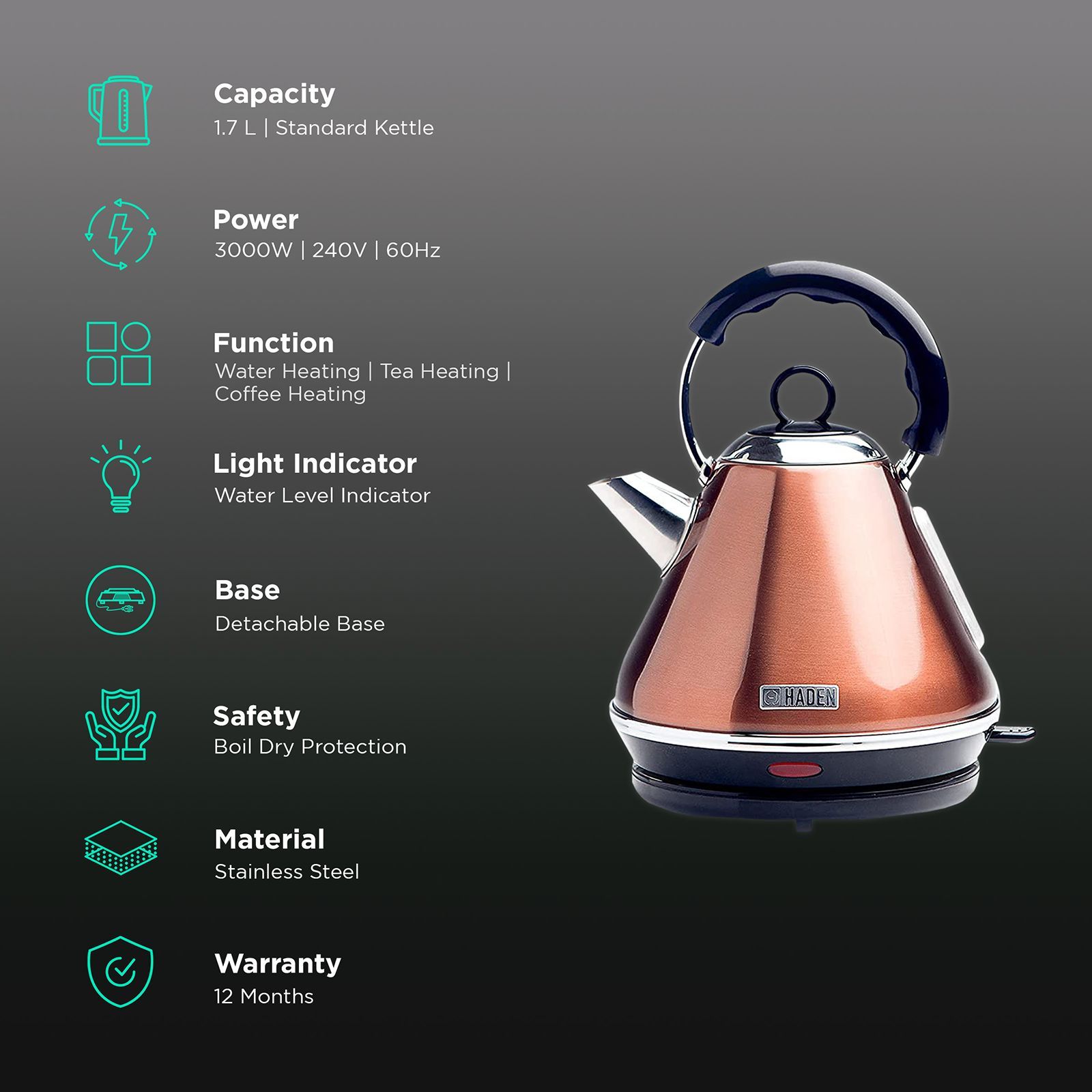 HADEN Boston 3000 Watt 1.7 Litre Electric Kettle with Water Level Indicator (Copper) HADEN Boston 3000 Watt 1.7 Litre Electric Kettle with Water Level Indicator (Copper)_3