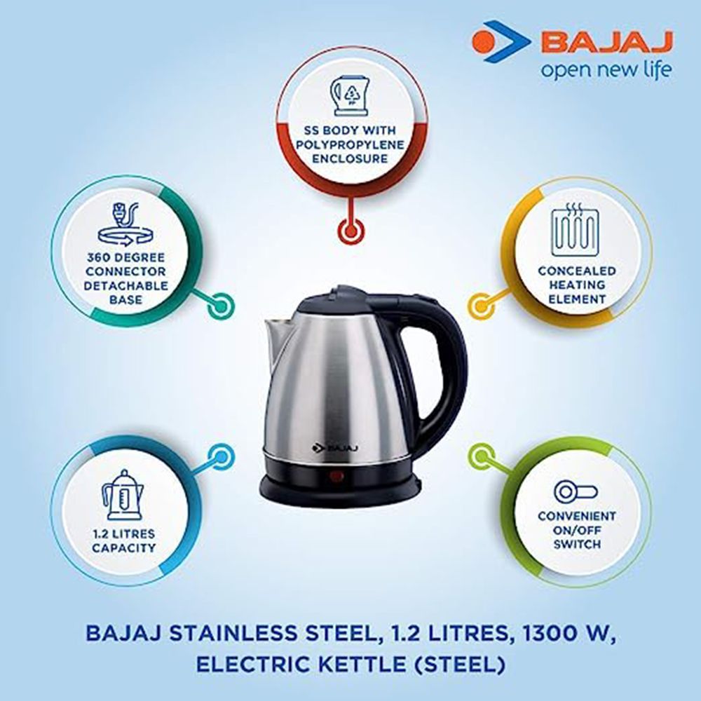 BAJAJ 1300 Watt 1.2 Litre Electric Kettle with 360 Degree Connector (Black)_12