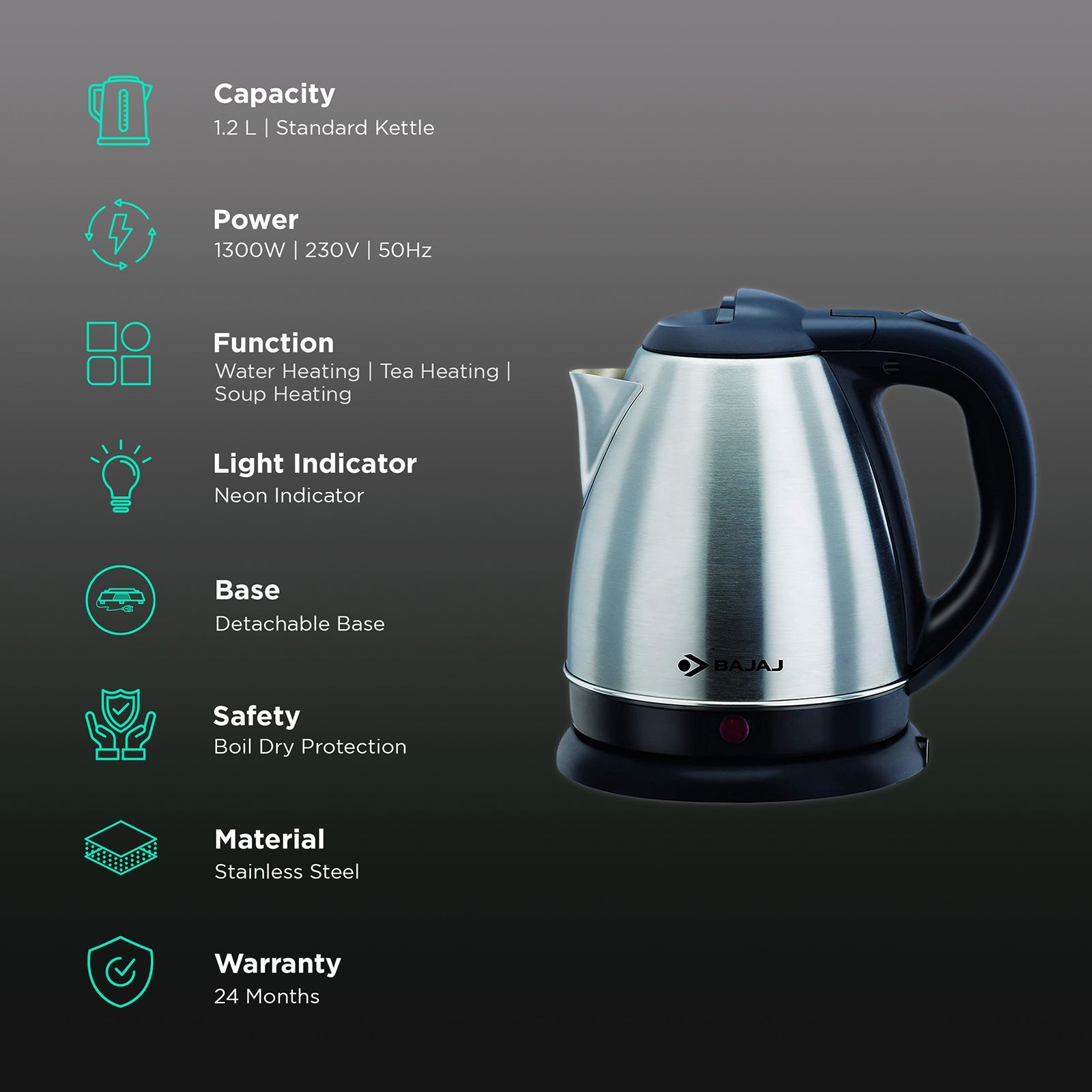 BAJAJ 1300 Watt 1.2 Litre Electric Kettle with 360 Degree Connector (Black)_3