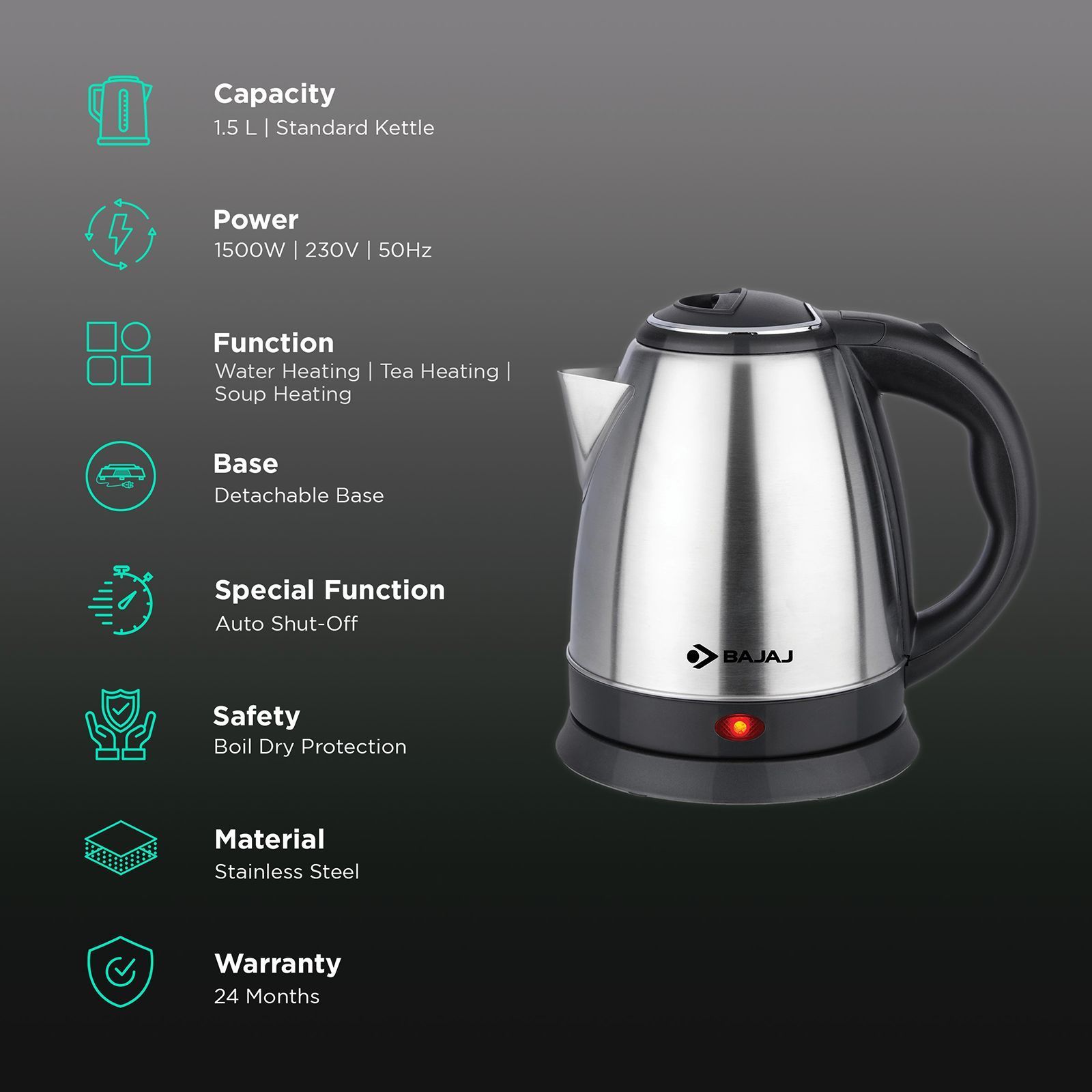 BAJAJ KTX DLX 1500 Watt 1.5 Litre Electric Kettle with Auto Shut Off (Black) BAJAJ KTX DLX 1500 Watt 1.5 Litre Electric Kettle with Auto Shut Off (Black)_3