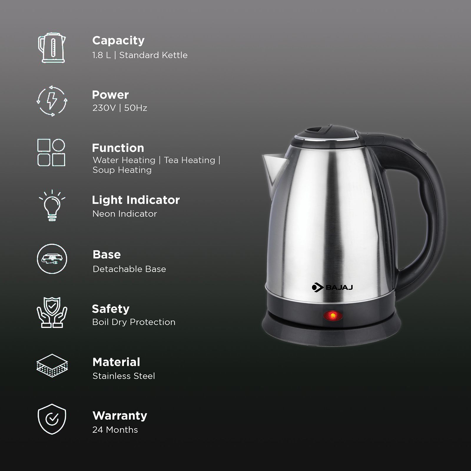BAJAJ KTX 1500 Watt 1.8 Litre Electric Kettle with Concealed Heating Element (Black)_3