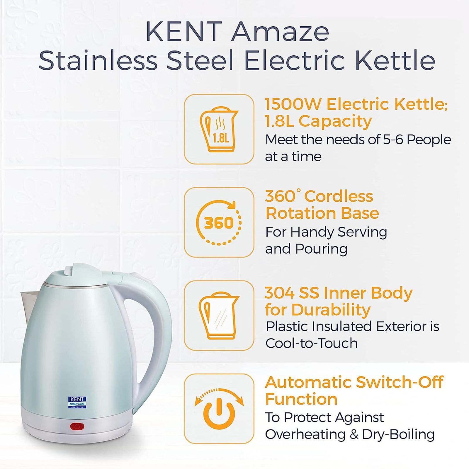KENT Amaze 1500 Watt 1.8 Litre Electric Kettle with 360 Degree Rotation Base (White) KENT Amaze 1500 Watt 1.8 Litre Electric Kettle with 360 Degree Rotation Base (White)_5