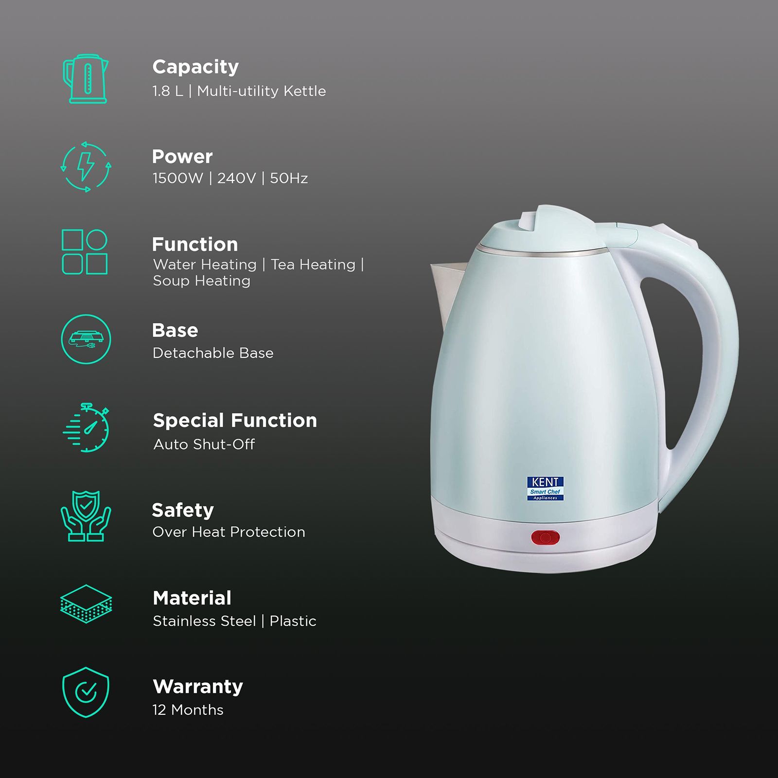 KENT Amaze 1500 Watt 1.8 Litre Electric Kettle with 360 Degree Rotation Base (White) KENT Amaze 1500 Watt 1.8 Litre Electric Kettle with 360 Degree Rotation Base (White)_3