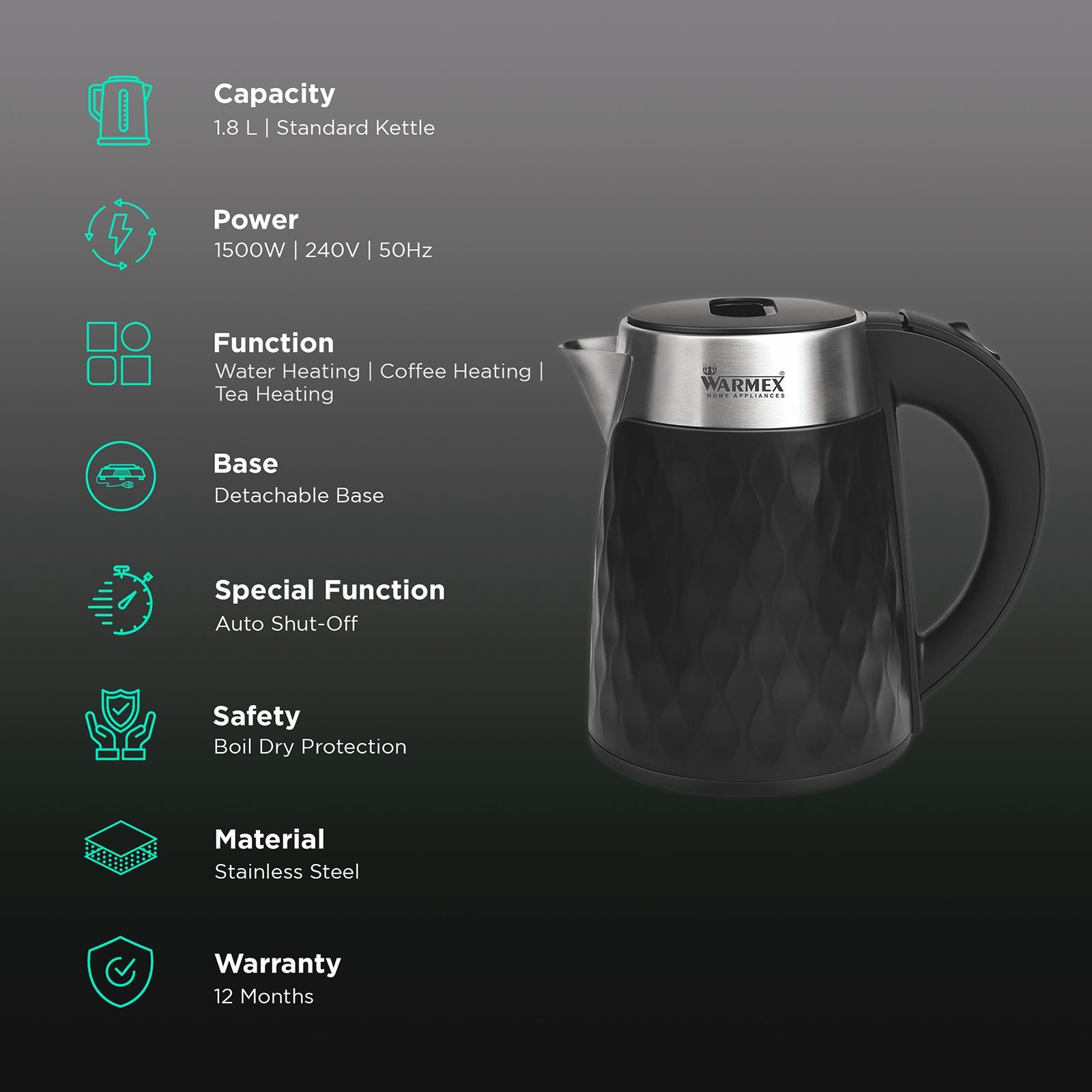 WARMEX Boil & Serve 09 1500 Watt 1.8 Litre Electric Kettle with Auto Shut Off (Black)_3