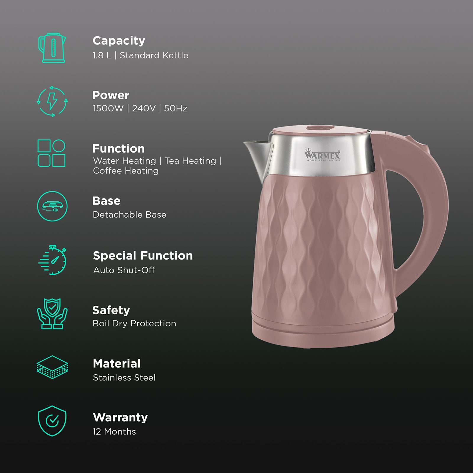 WARMEX Boil & Serve 09 1500 Watt 1.8 Litre Electric Kettle with Auto Shut Off (Cocoa Brown)_3