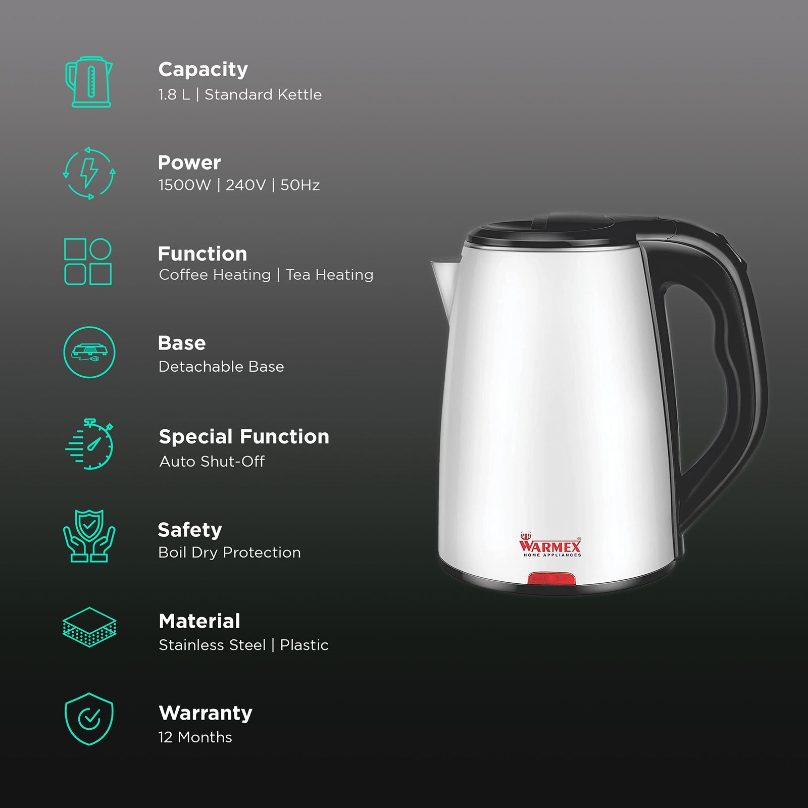 WARMEX Boil & Serve 99 1500 Watt 1.8 Litre Electric Kettle with Auto Shut Off (White)_3