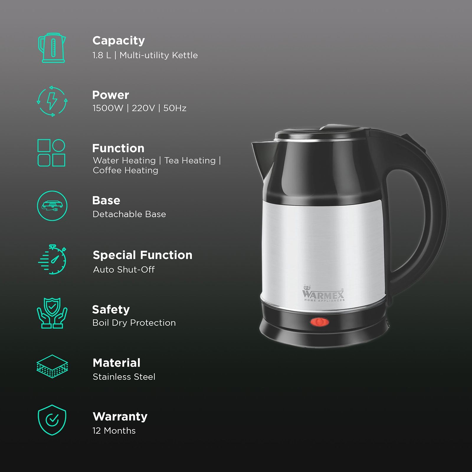 WARMEX Boil & Serve SS 1500 Watt 1.8 Litre Electric Kettle with Auto Shut Off (Black & Silver)_3