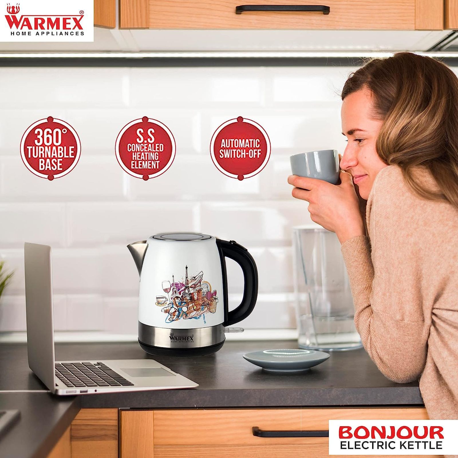 WARMEX Bonjour 2000 Watt 1.2 Litre Electric Kettle with Auto Shut Off (White)_8
