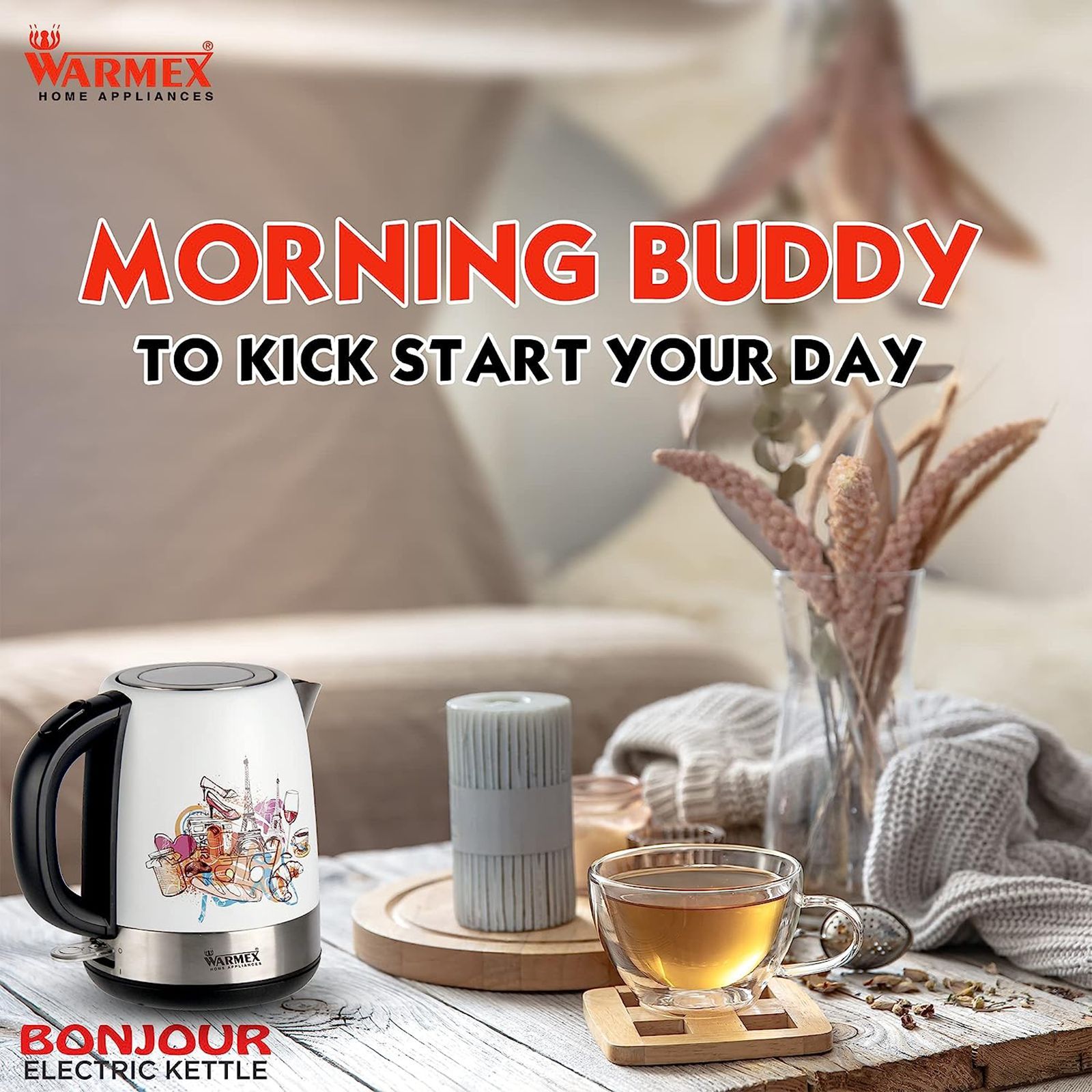 WARMEX Bonjour 2000 Watt 1.2 Litre Electric Kettle with Auto Shut Off (White)_11