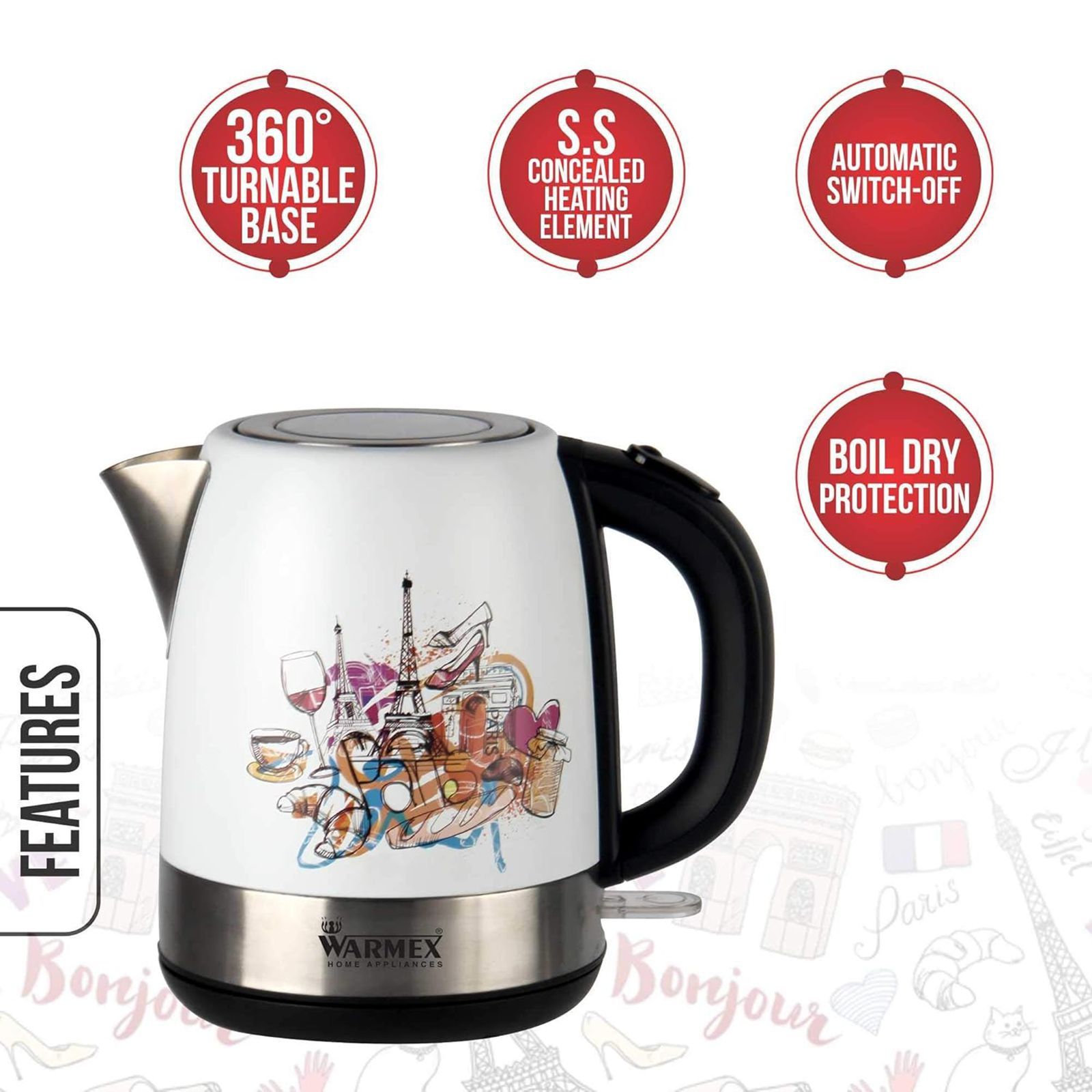 WARMEX Bonjour 2000 Watt 1.2 Litre Electric Kettle with Auto Shut Off (White)_16