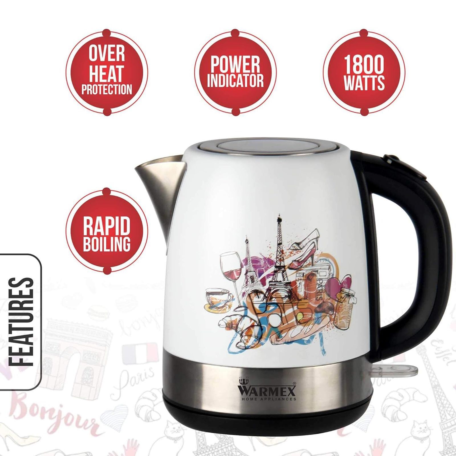 WARMEX Bonjour 2000 Watt 1.2 Litre Electric Kettle with Auto Shut Off (White)_17