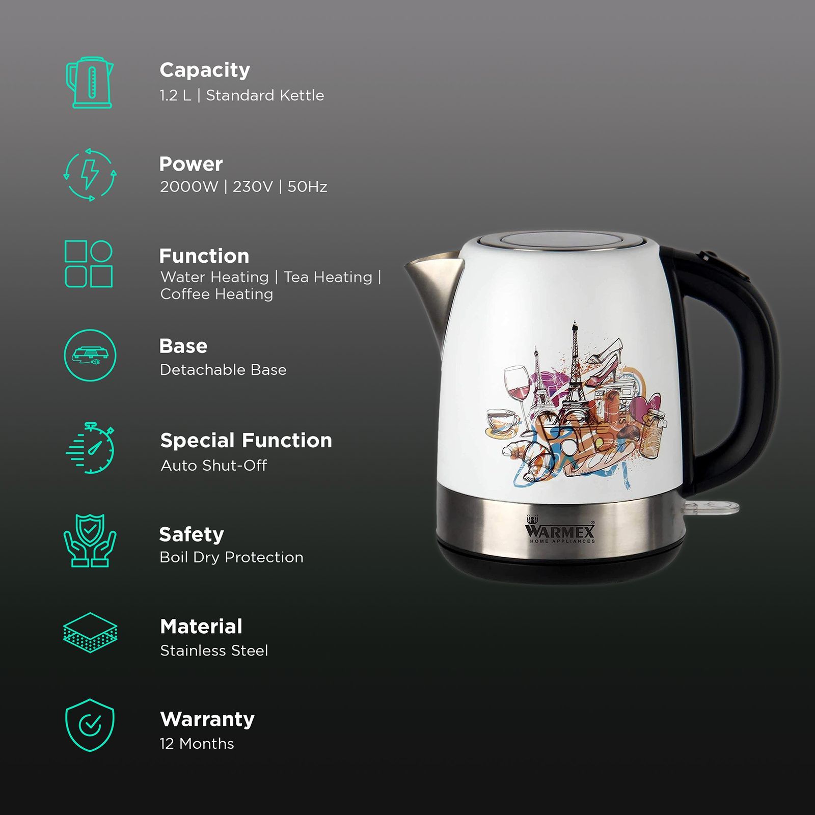 WARMEX Bonjour 2000 Watt 1.2 Litre Electric Kettle with Auto Shut Off (White)_3